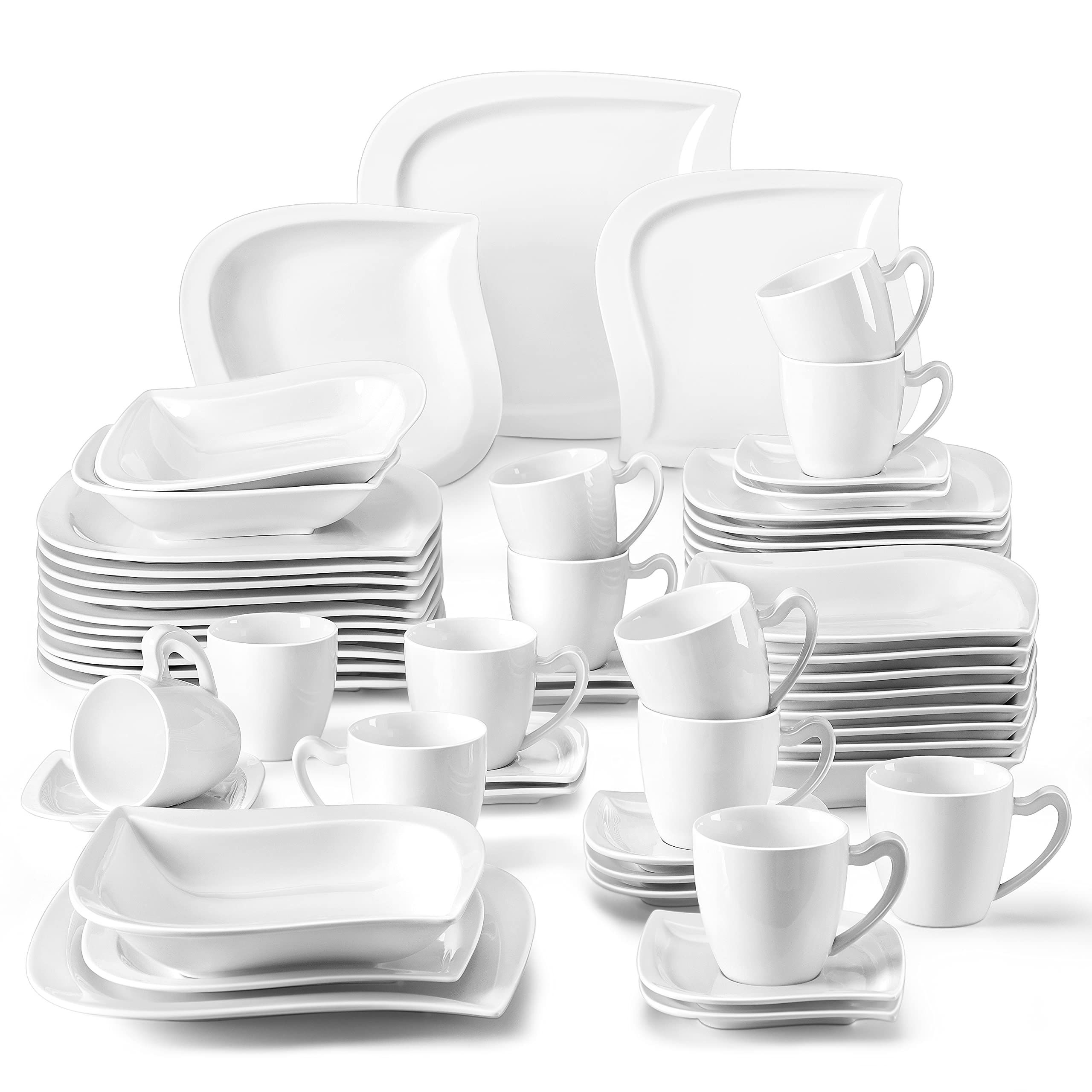 MALACASA 60-Piece Ivory White Porcelain Dinnerware Set - Square Plates, Bowls, Cups & Saucers - Service for 12 (Elvira Series) - Perfect for Formal Dining, Wedding Registry & Holiday Entertaining