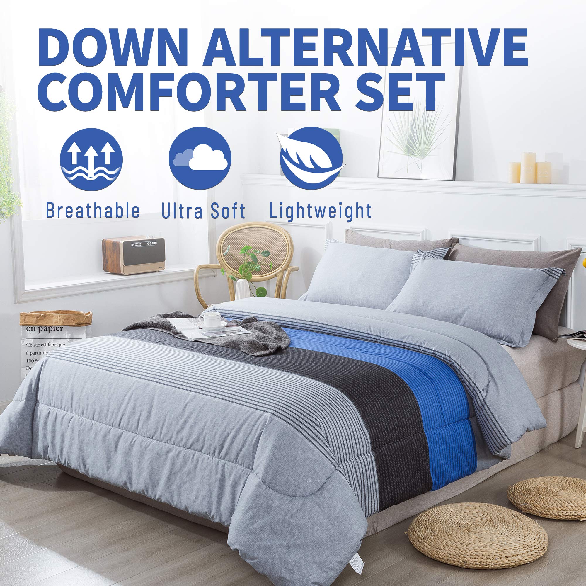 **Andency King Size 3-Piece Blue & Gray Striped Comforter Set - Soft Microfiber Down Alternative Bedding (104x90 Inches) with Corner Loops - Perfect for Cozy Bedrooms & Guest Rooms**