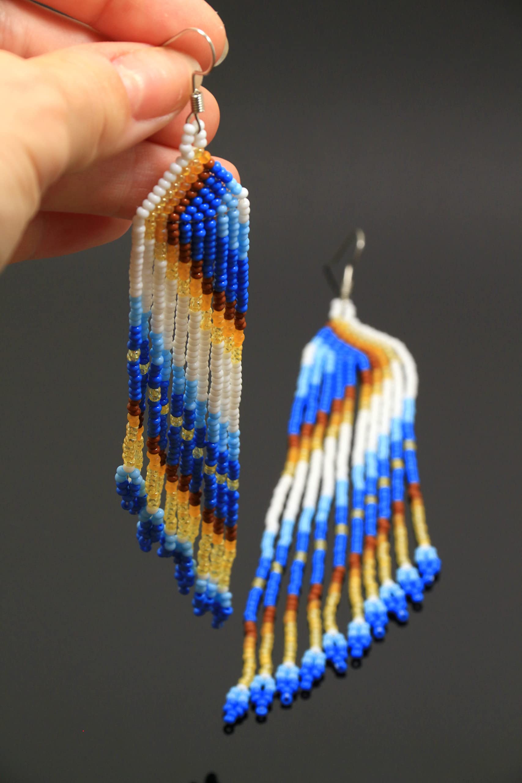 Handmade Blue Beaded Dangling Earrings – Extra Long Native American Style Boho Tribal Jewelry with Seed Bead Tassel Fringe | Perfect for Festivals, Boho Fashion & Cultural Events