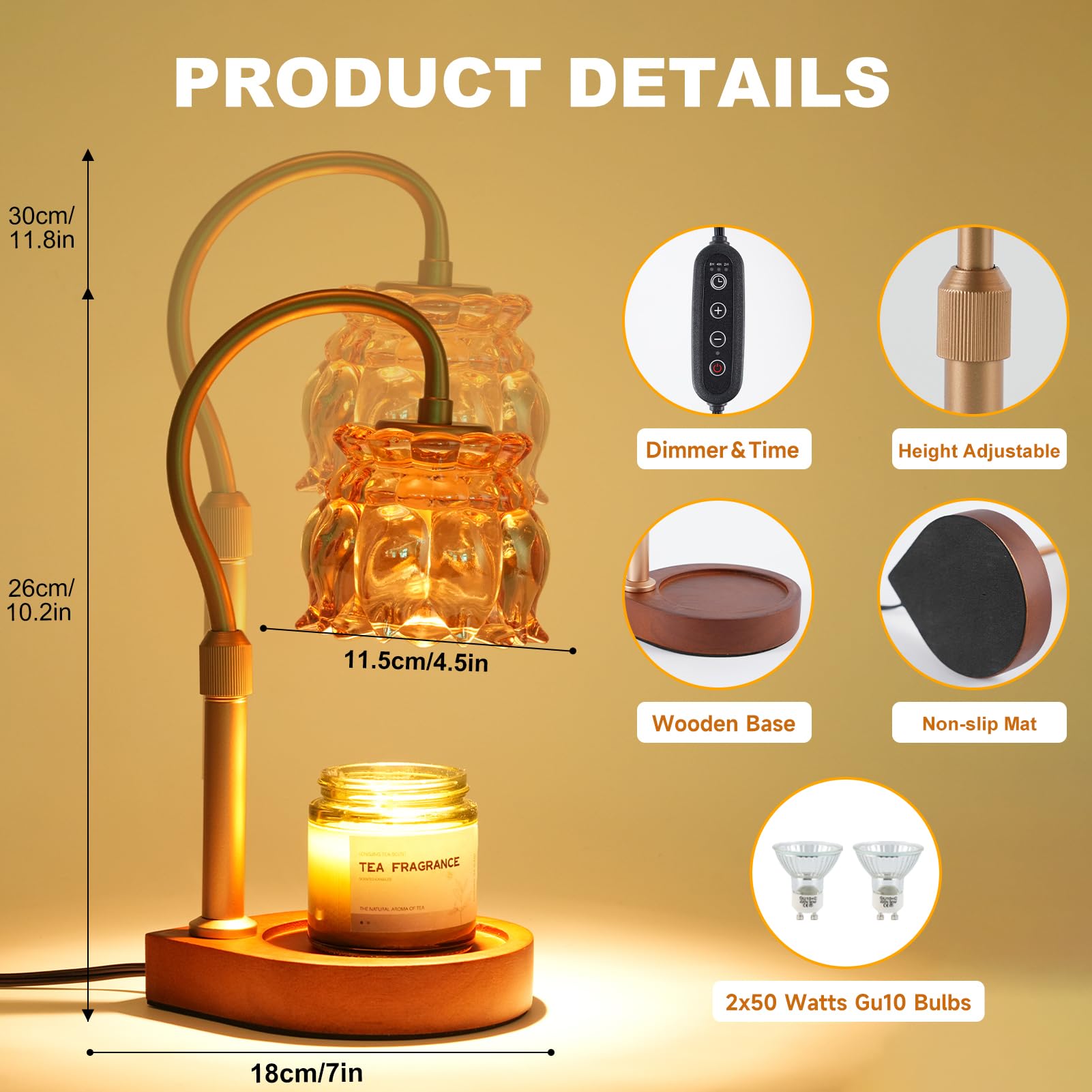 **Candle Warmer Lamp with Timer & Dimmer - Adjustable Height, 2 Bulbs, Gold - Perfect for Home Decor, Relaxation & Aromatherapy with Jar Candles**