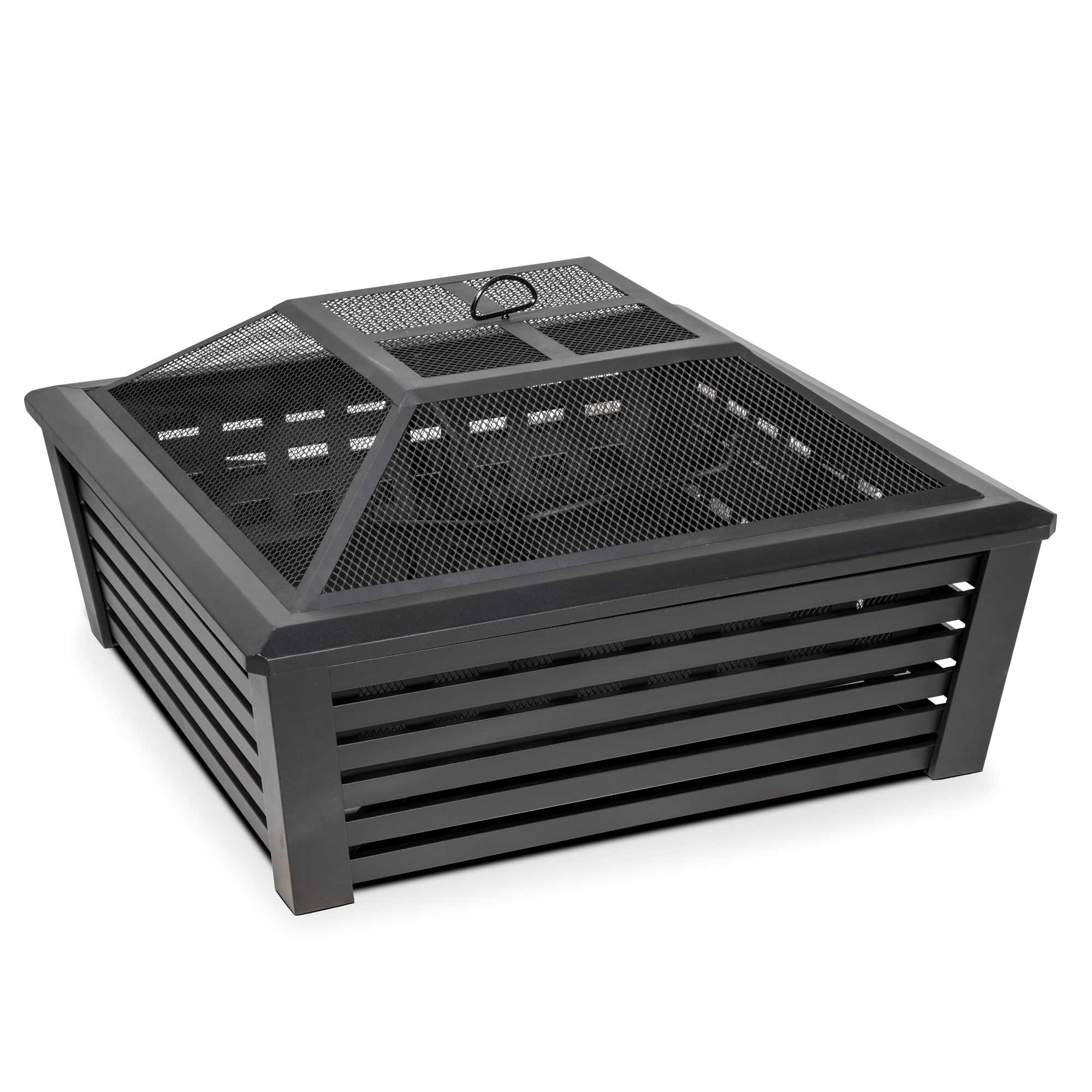 35 Inch Square Outdoor Fire Pit with Mesh Screen Lid - Heavy Duty Black Steel Fire Pit for Backyard, Patio, or Camping - Perfect for Roasting Marshmallows, Bonfires & Outdoor Gatherings