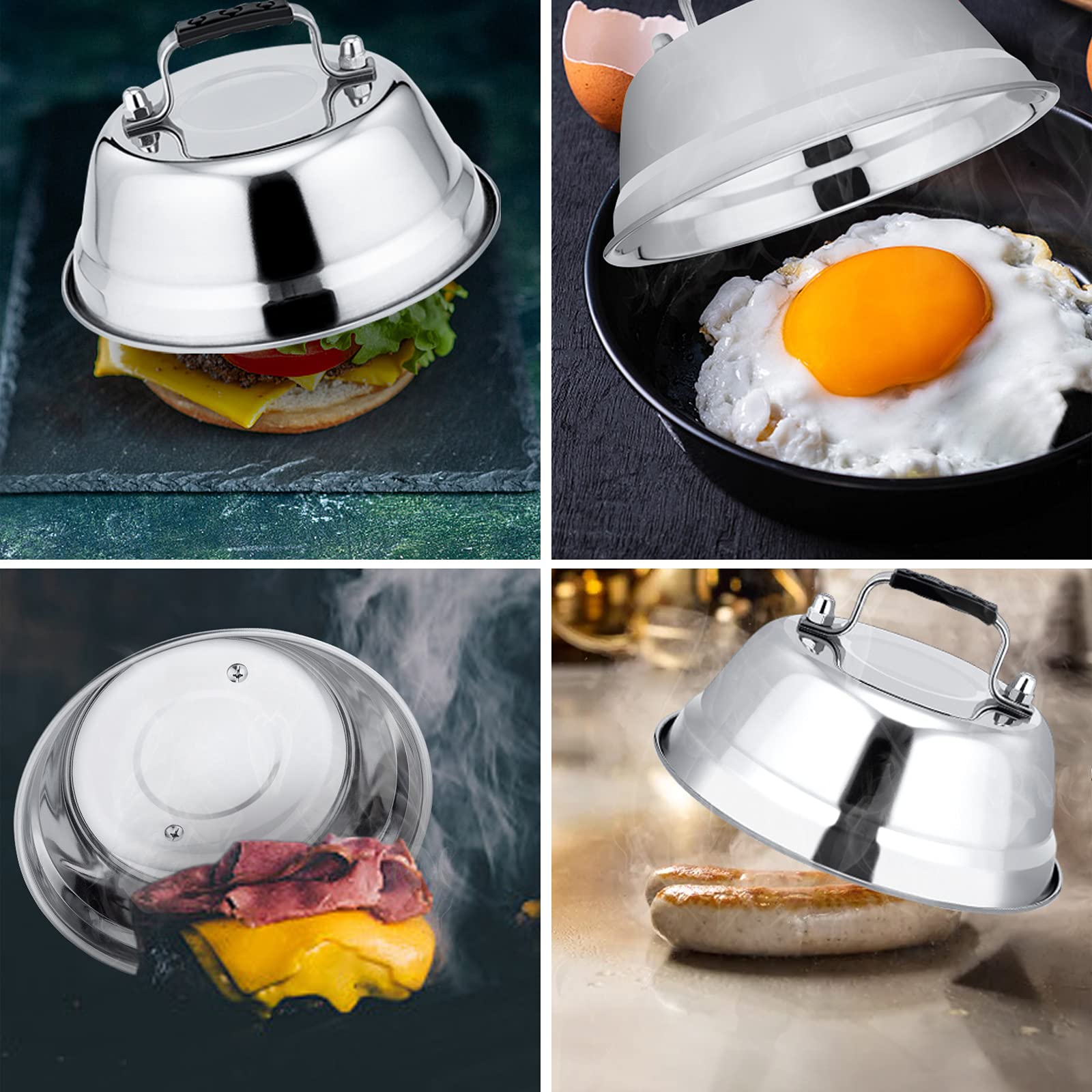 Leonyo 2-Pack 6.5 Inch Stainless Steel Cheese Melting Dome - Heavy Duty Basting Cover for Grilling, Cast Iron Griddles & Flat Top Cooking - Heat Resistant Handle - Perfect for Burgers, Quesadillas & Smashed Potatoes