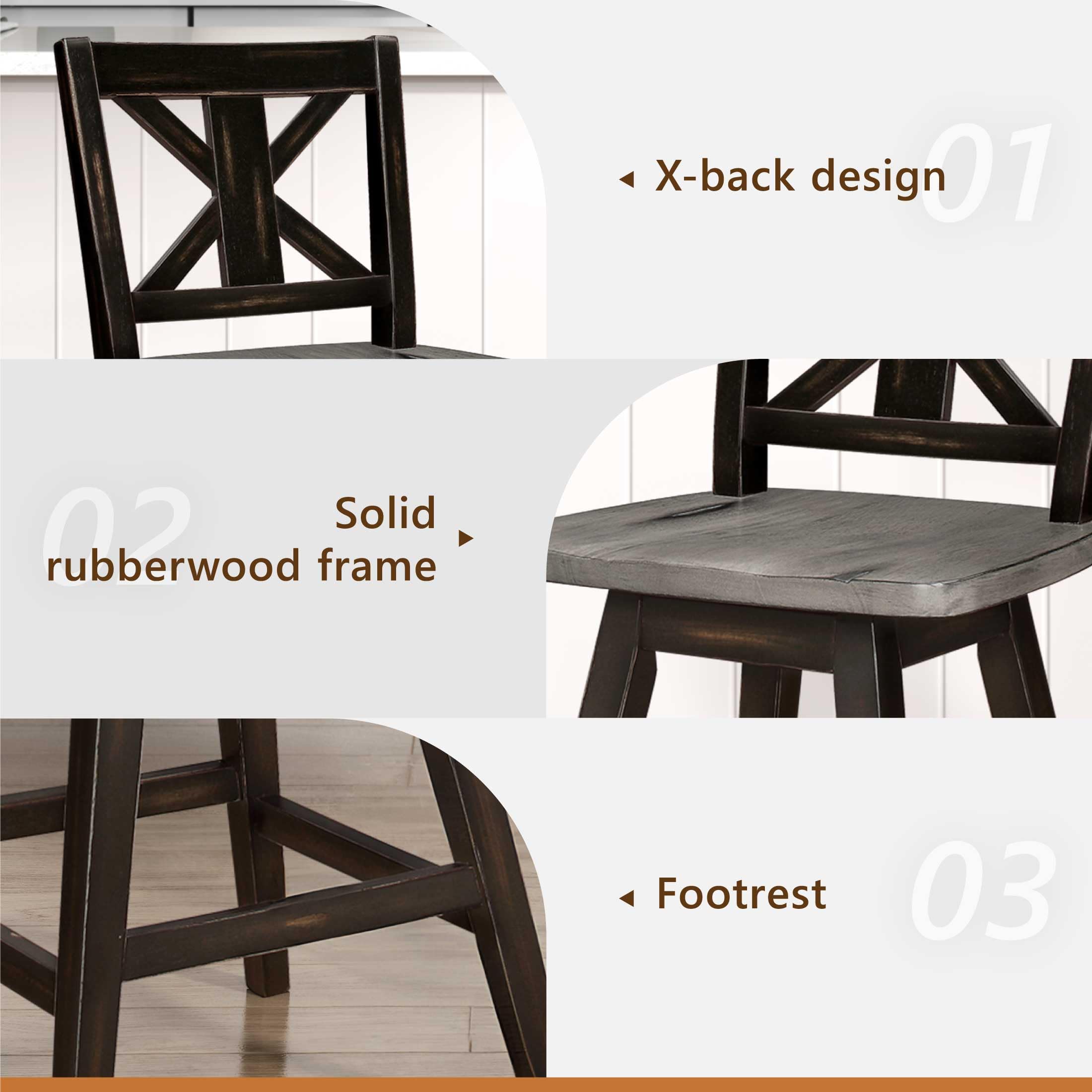 Solid Wood High Back Swivel Bar Stools Set of 2 - Counter Height Kitchen Stools with Footrest & X-Back Design - Rustic Farmhouse Dining Chairs for Kitchen Island, Breakfast Bar, and Pub Table - Black Wooden Armless Stools