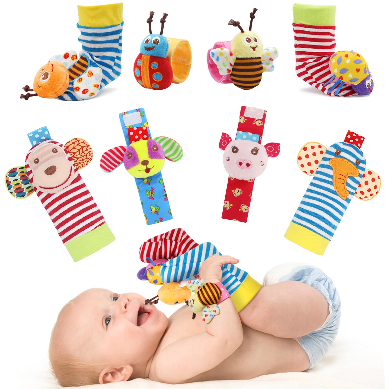 Bloobloomax Soft Baby Rattle Wrist & Foot Finder Socks Set - 8pcs Cotton Plush Stuffed Infant Toys for Newborns, Boys & Girls | Perfect Baby Shower Gift, Birthday Present & Holiday Gift for Toddlers - Great for Sensory Play, Early Development & Cute Photo Shoots