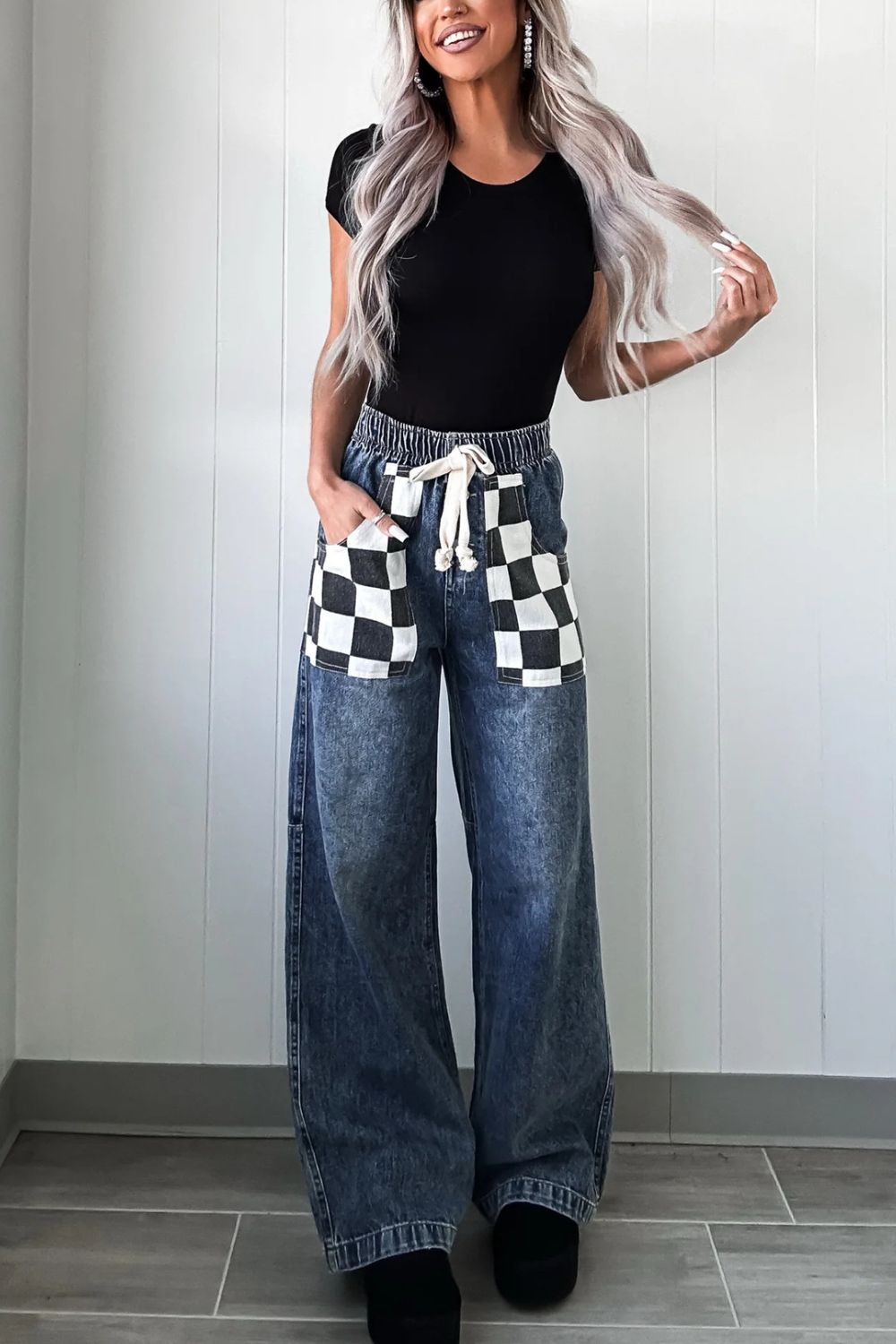 Stylish Checkered Wide Leg Jeans for Women - Trendy High Waist Distressed Denim Pants - Perfect for Casual Outings, Streetwear Fashion & Boho Chic Looks