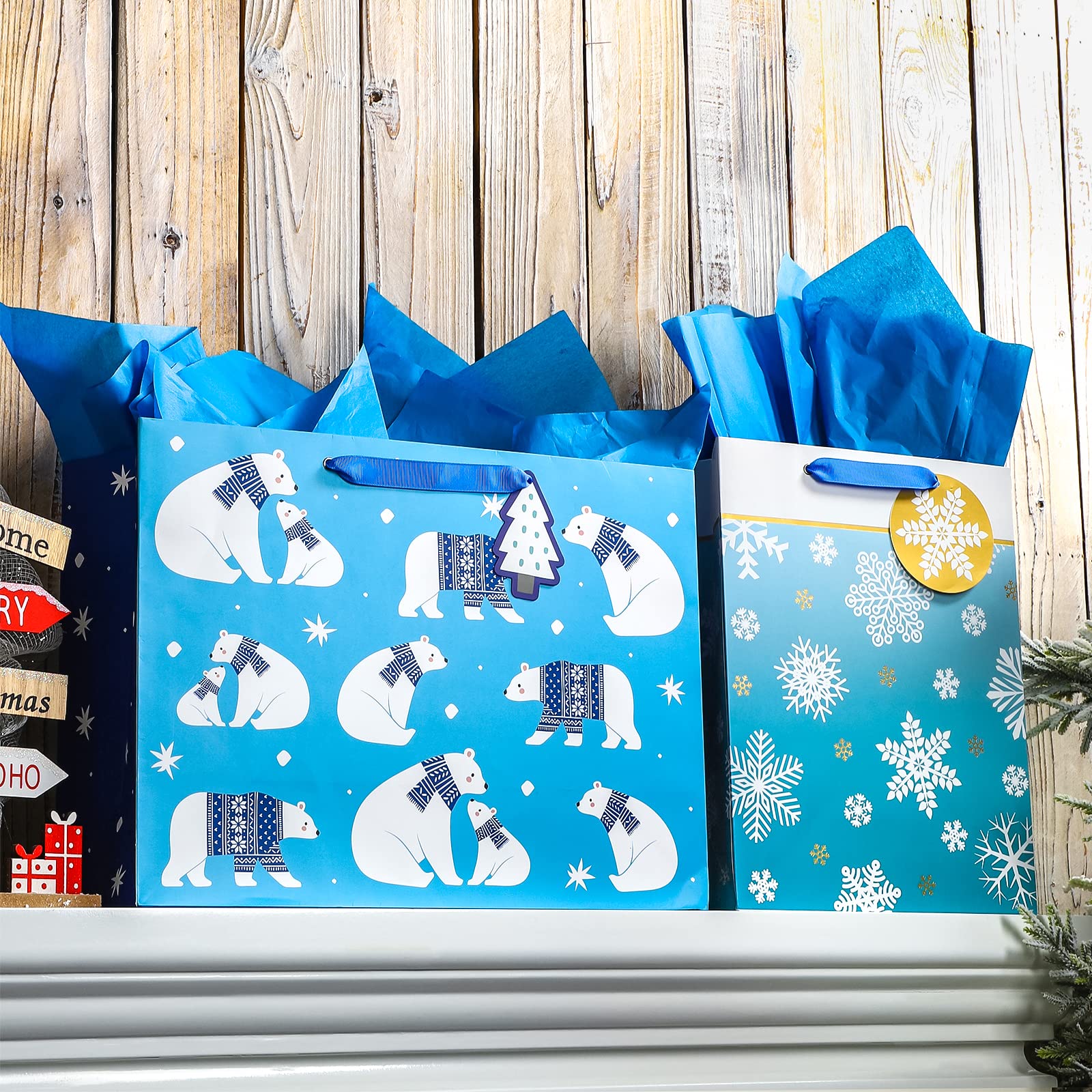 MAYPLUSS Christmas Gift Bags Set - 2 Pack Blue Bear Holiday Gift Bags for Christmas, Birthday, Party Favors, Wedding Presents - Perfect for Festive Wrapping & Gift Giving