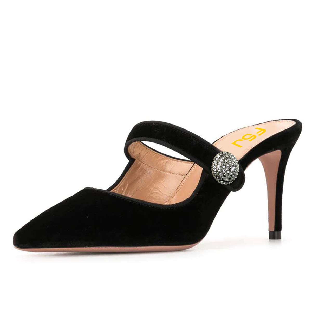 FSJ Women's Vintage Velvet Mule Slippers - Pointed Toe High Heel Slide Sandals with Rhinestone Studded Ankle Strap (US Size 4-15) | Elegant Backless Dress Shoes for Parties, Weddings & Evening Events