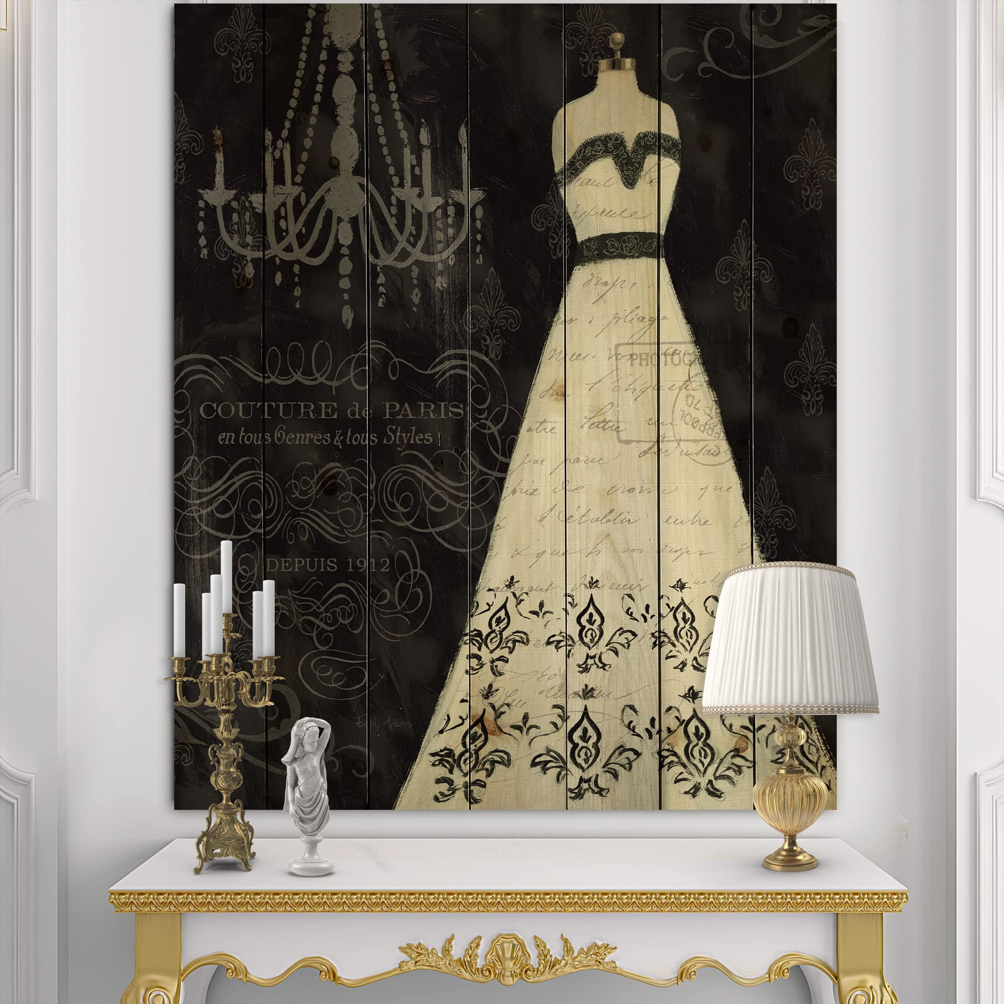 DesignQ French Couture II Traditional Wood Wall Decor - Black Wood Wall Art - Large Fashion Wood Panels Printed on Natural Pine - Perfect for Living Room, Bedroom & Office Décor