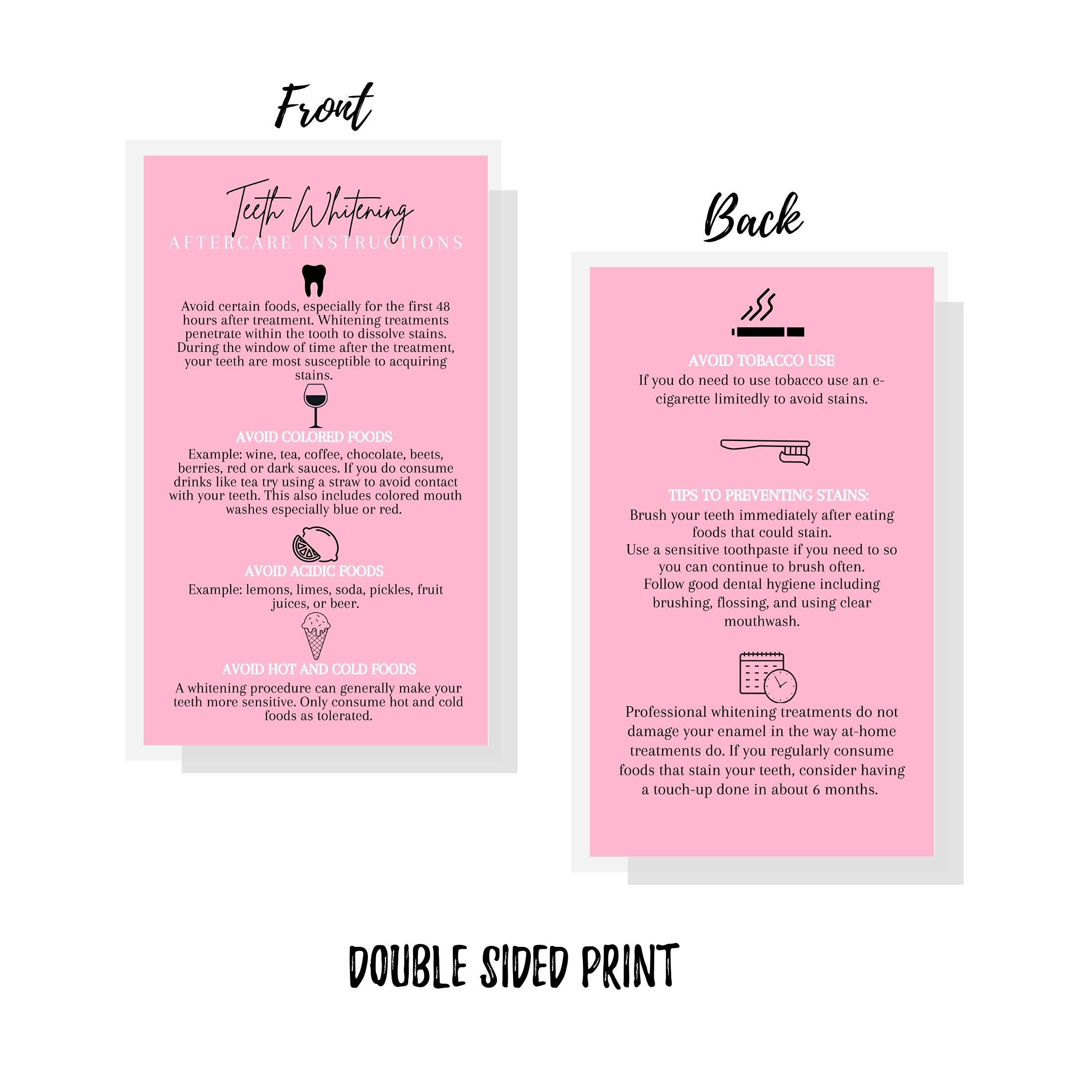 Premium Teeth Whitening Aftercare Instruction Cards - 50 Pack | 2x3.5 Inch Business Card Size | Pink Wallet-Friendly Design | Perfect for Dental Clinics, Salons & Home Whitening Kits
