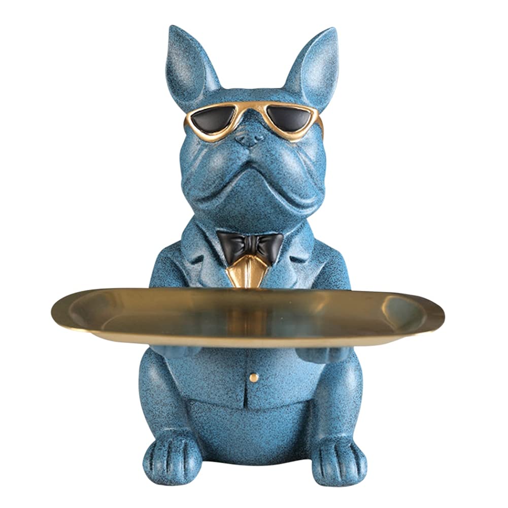 Blue Resin Bulldog Figurine - Modern Desktop Decoration, Coin Bank & Storage Tray - Home Office Statue Holder for Keys, Jewelry & Small Items - Perfect Gift for Dog Lovers & Home Decor