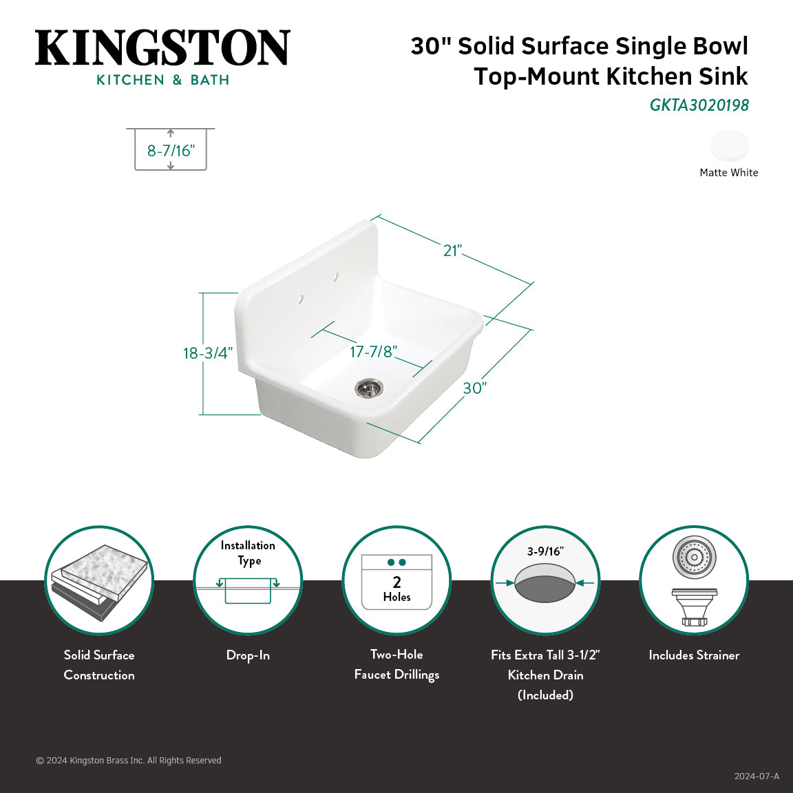 Arcticstone GKTA3020198 30 Inch White Solid Surface Kitchen Sink - Single Bowl Top Mount with Backsplash & Strainer, Matte Finish - Perfect for Modern Farmhouse & Contemporary Kitchen Remodels