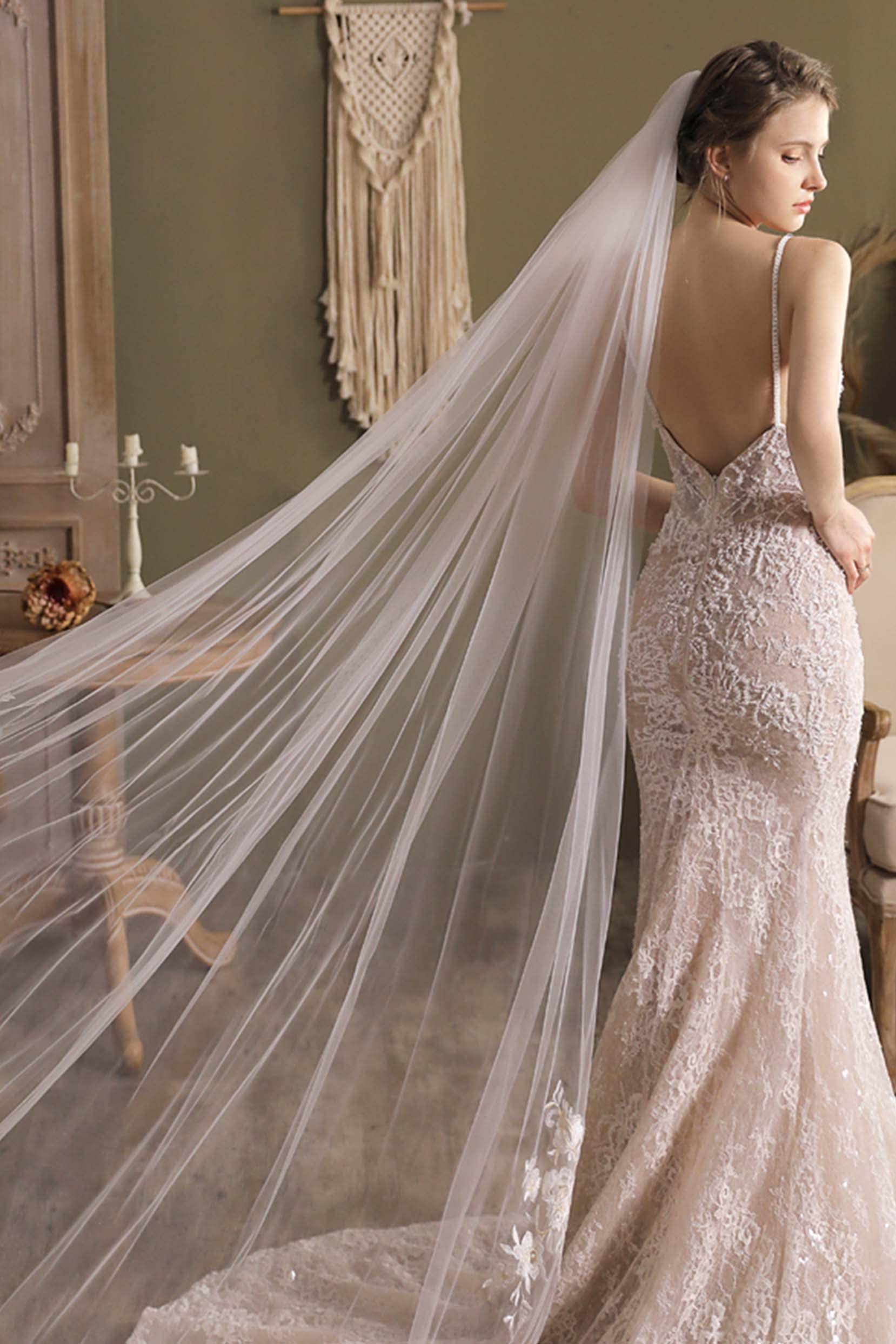 Elegant One-Tier Cut Edge Tulle Cathedral Wedding Veil with Appliques CV0297 - Perfect for Bridal Ceremonies, Formal Weddings & Special Occasions