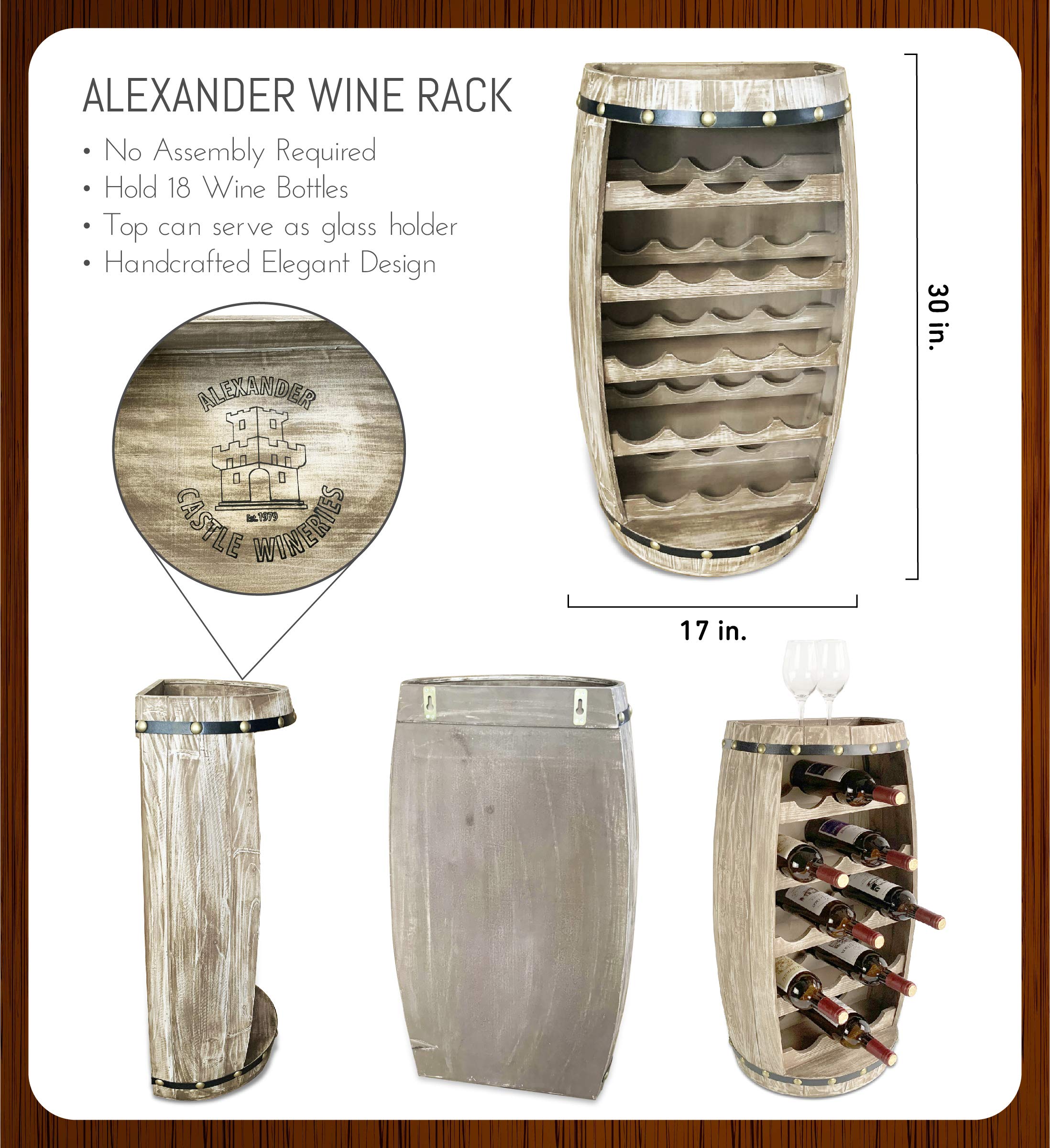 CoTa Global Modern Alexander Wall Mounted or Freestanding Barrel Wine Rack - 18 Bottle Capacity, Hanging or Floor Standing Wine Storage Shelf Organizer for Home Bar, Kitchen & Dining Room Decor