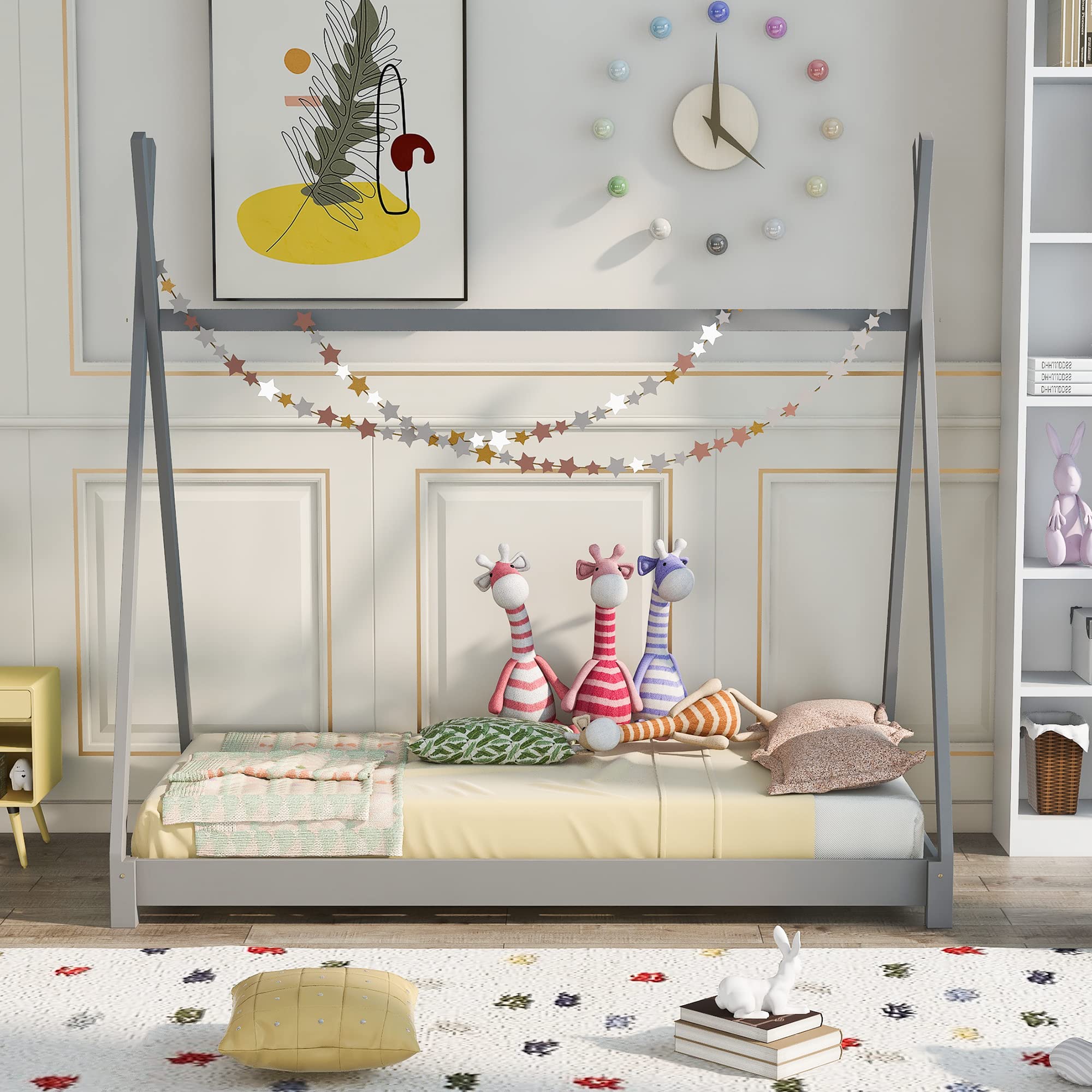 Rhomtree Solid Wood Twin Bed for Kids - Sturdy Triangle Structure, Low Platform Design, No Box Spring Required (Gray) - Perfect for Children's Bedrooms, Guest Rooms & Small Spaces