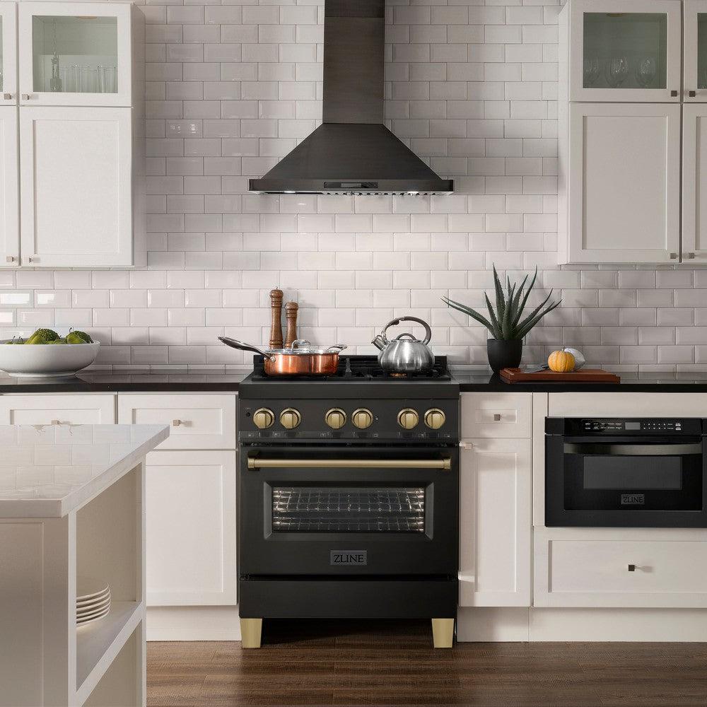 ZLINE Autograph Edition 30-inch 4.0 cu. ft. Dual Fuel Range with 4-Burner Gas Cooktop & Electric Convection Oven - Black Stainless Steel with Champagne Bronze Accents (RABZ 30 CB) - Perfect for Modern Kitchens, Home Chefs & Gourmet Cooking