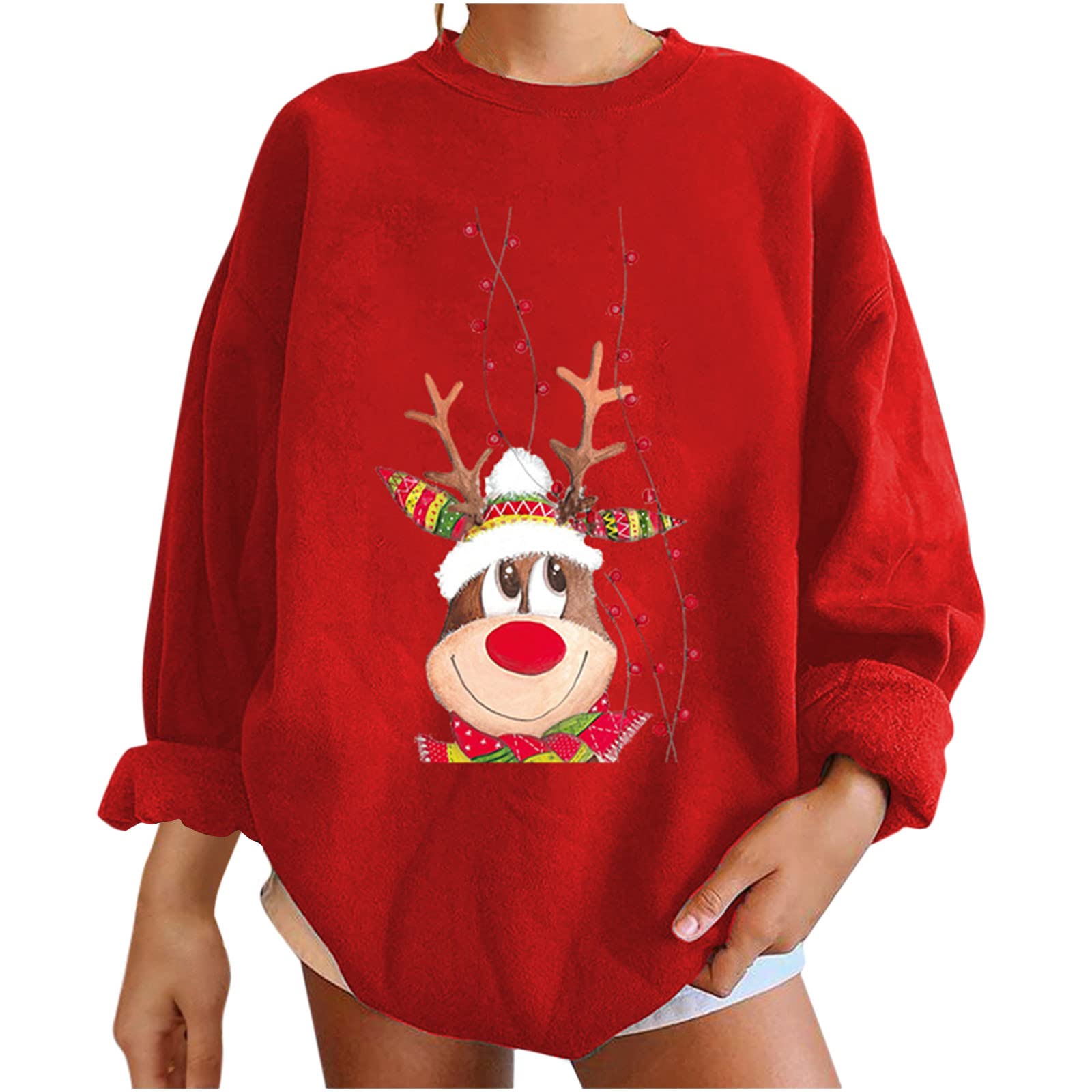 Trendy Cute Christmas Reindeer Print Women's Crewneck Sweatshirt - Long Sleeve Oversized Pullover for Fall & Winter - Cozy Casual Wear for Holiday Parties, Gift Giving & Everyday Outfits