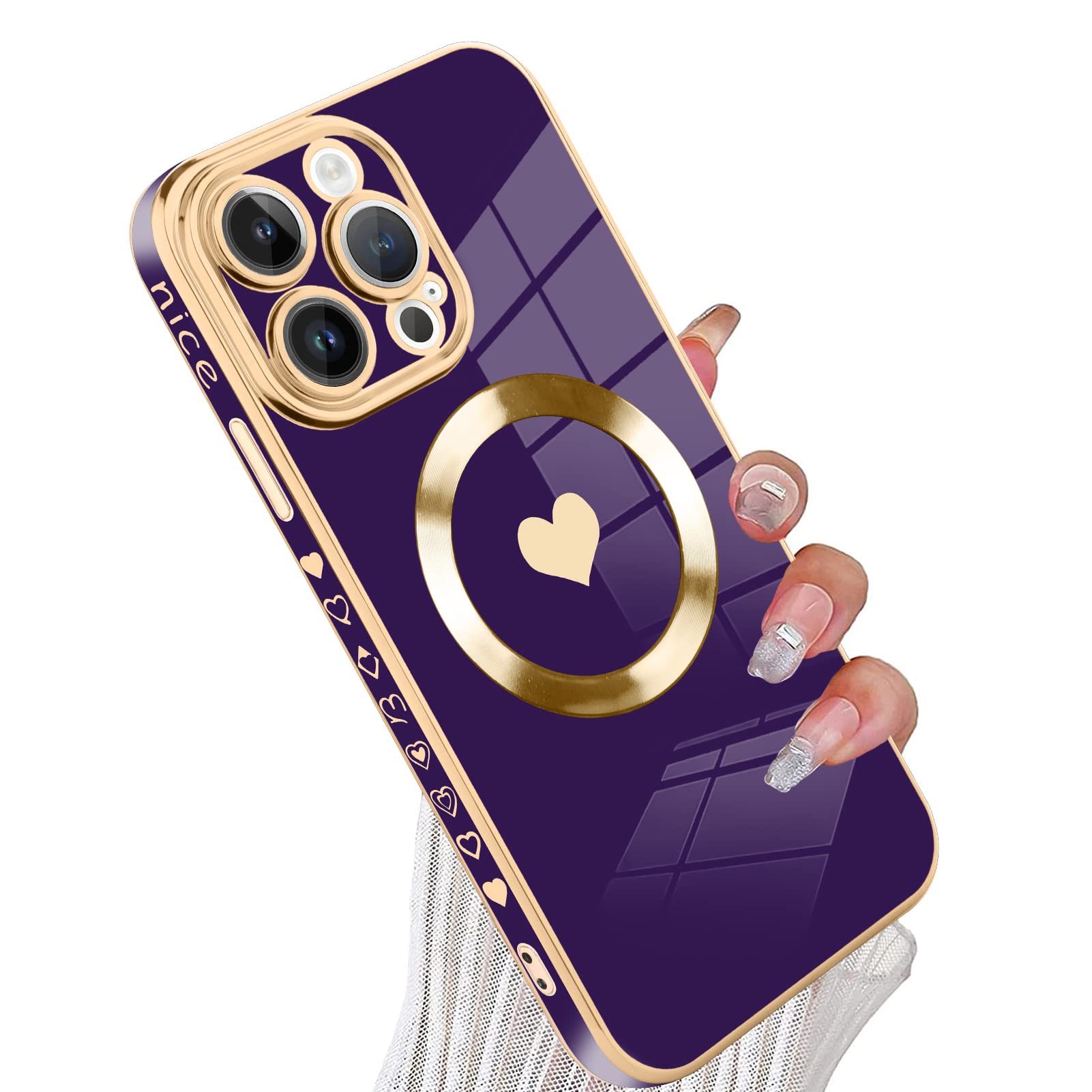 Magnetic iPhone 15 Pro Max Case with Magsafe Compatibility - Luxury Plating Edge Bumper & Full Camera Protection, Cute Love Design in Purple (6.7 Inch) - Perfect for Everyday Use, Travel & Wireless Charging