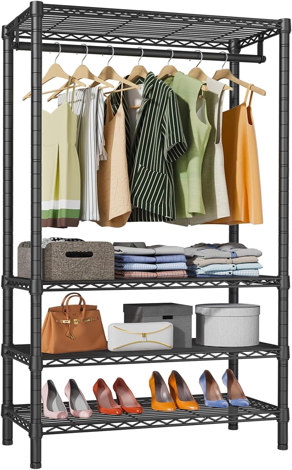 MONKLE Floor Standing Clothes Rack with Shelves, 90 x 43.5 x 180 cm, 150 kg Capacity (Black) - Perfect for Bedroom, Closet Organization & Laundry Room Storage