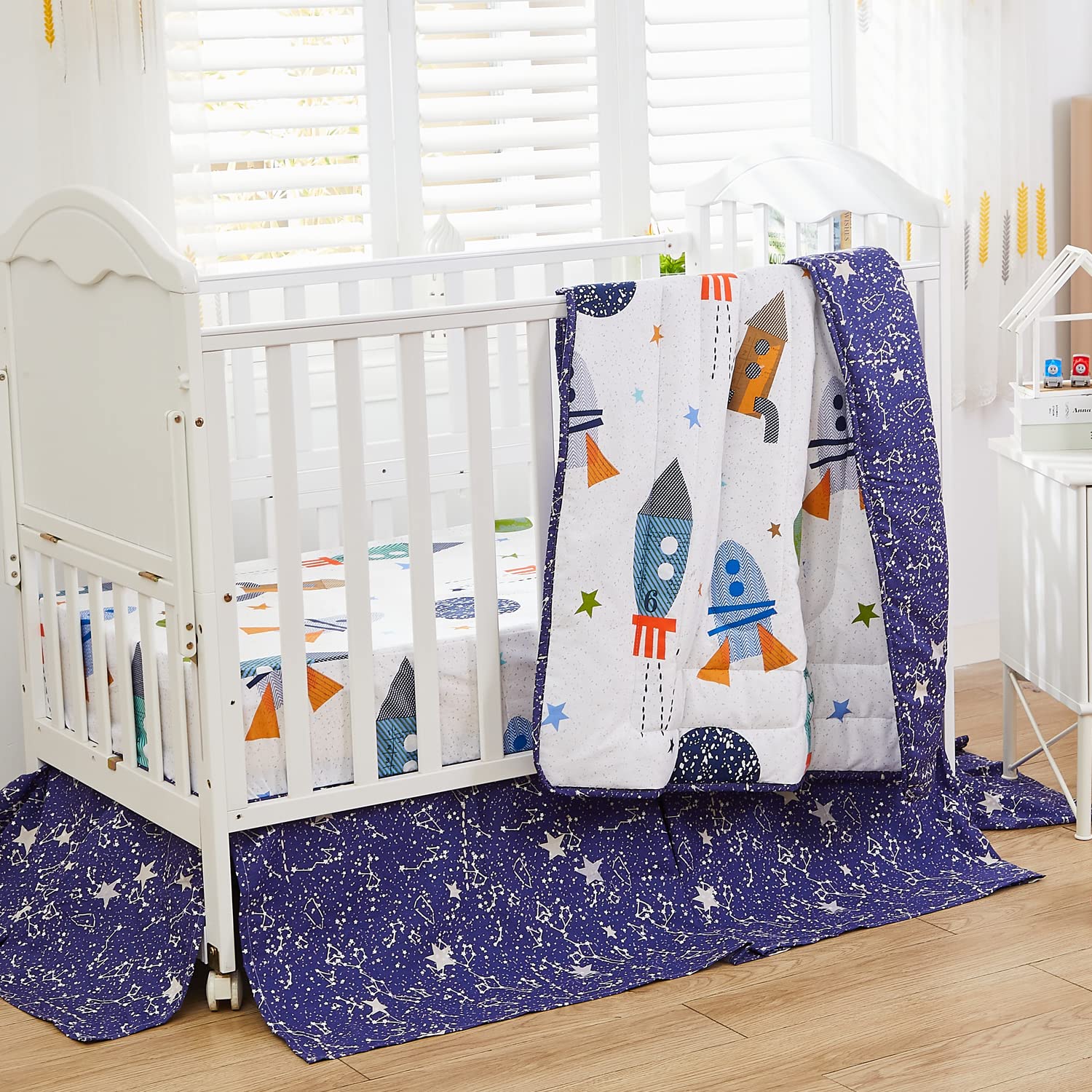 Brandream Space Crib Bedding Set for Boys - 3 Piece Rocket & Galaxy Themed Nursery Collection | 100% Soft Cotton Baby Bedding | Perfect for Nursery Decor, Baby Showers & Space-Themed Rooms