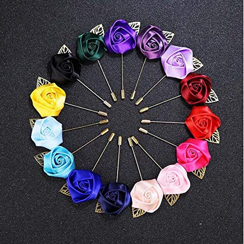 10Pcs Red Silk Satin Rose Boutonniere - Artificial Dried Flower Groom Corsage Pin for Men's Suit, Wedding, Prom & Formal Events - Brooch Style Buttonhole Flower (Black)
