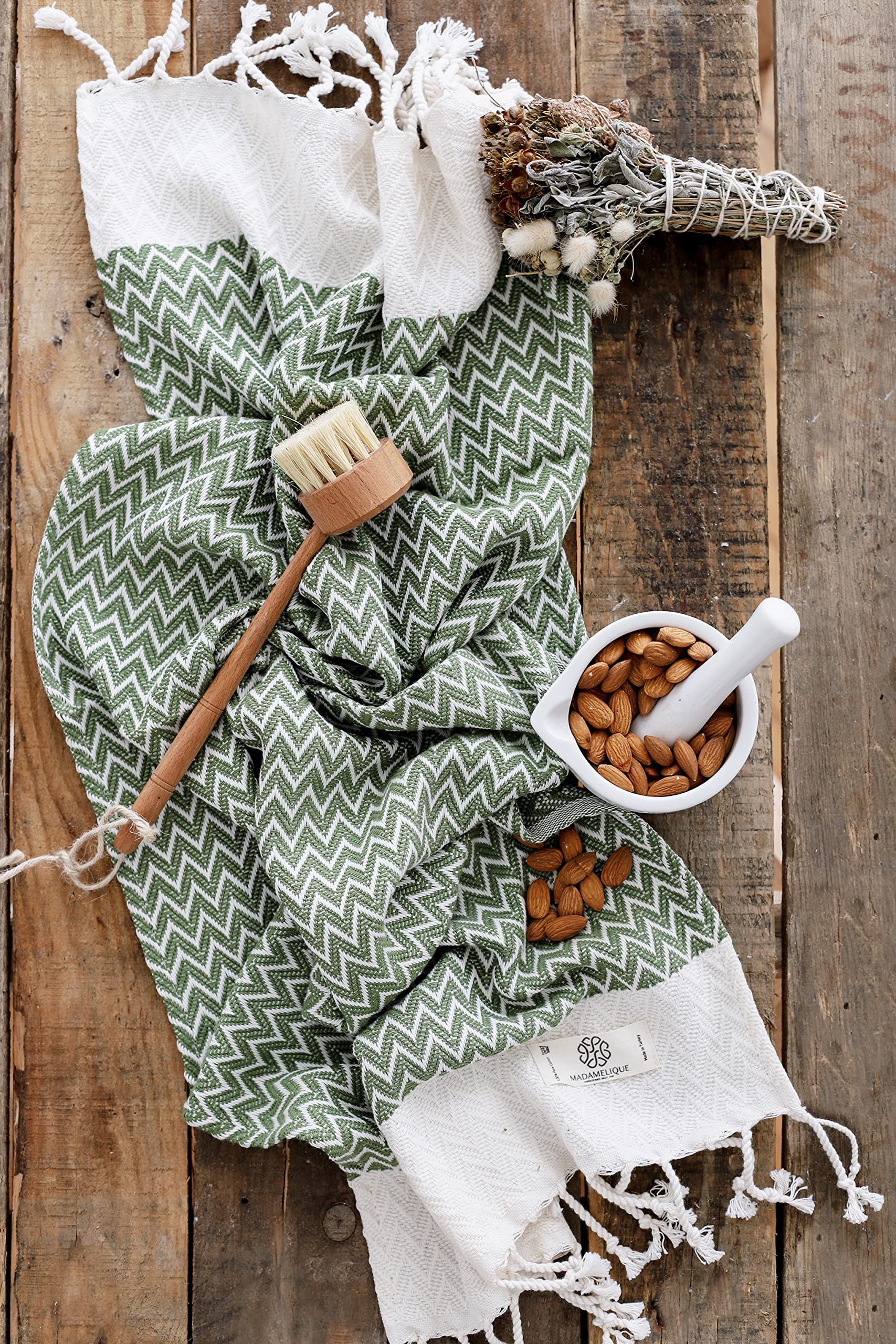 Madamelique Exclusive 100% Cotton Hand Towels Set of 2 (18x40 Inches) - Soft Absorbent Peshtemal Bath Towels for Bathroom, Kitchen, Yoga & Spa - Olive Green Decorative Turkish Towels for Hand, Face, Hair & Dish Drying - Perfect for Home, Travel & Gift Giving