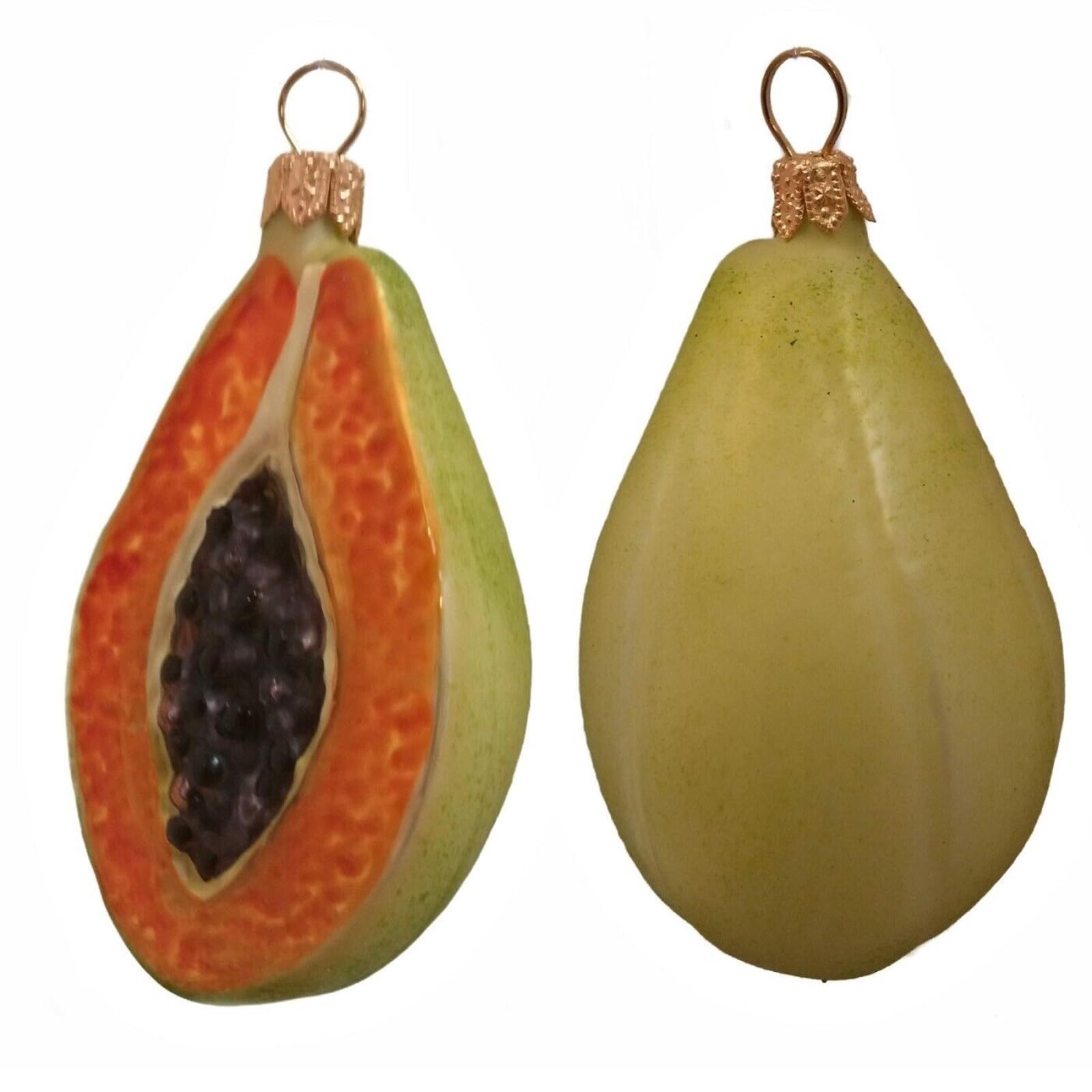 Handmade Papaya Fruit Blown Glass Christmas Ornaments - Set of 2 Holiday Tree Decorations for Xmas, Winter, and Festive Home Decor