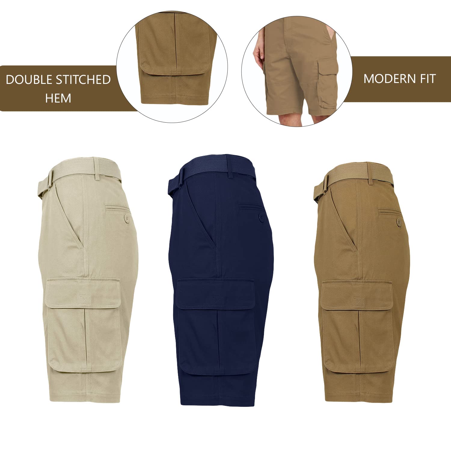 Harvic Men's Cotton Stretch Cargo Shorts with Belt & Multi-Pockets - 3 Pack Casual Shorts for Outdoor, Travel & Summer Wear