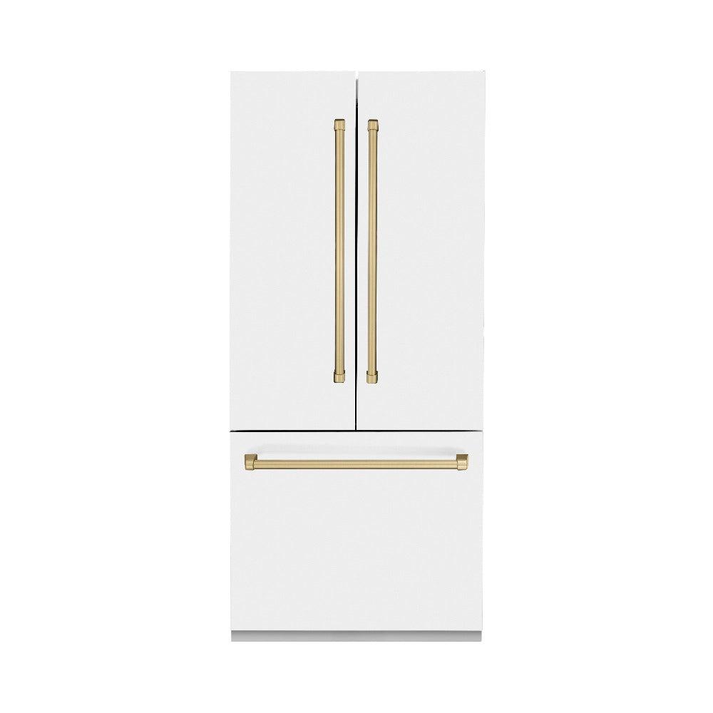 ZLINE Autograph Edition 36 Inch French Door Built-In Refrigerator - 19.6 cu ft Capacity, Bottom Freezer, Water Dispenser & Ice Maker - White Matte with Champagne Bronze Accents (RBIVZ WM 36 CB) | Perfect for Modern Kitchens, Open-Concept Homes & Luxury Appliance Upgrades