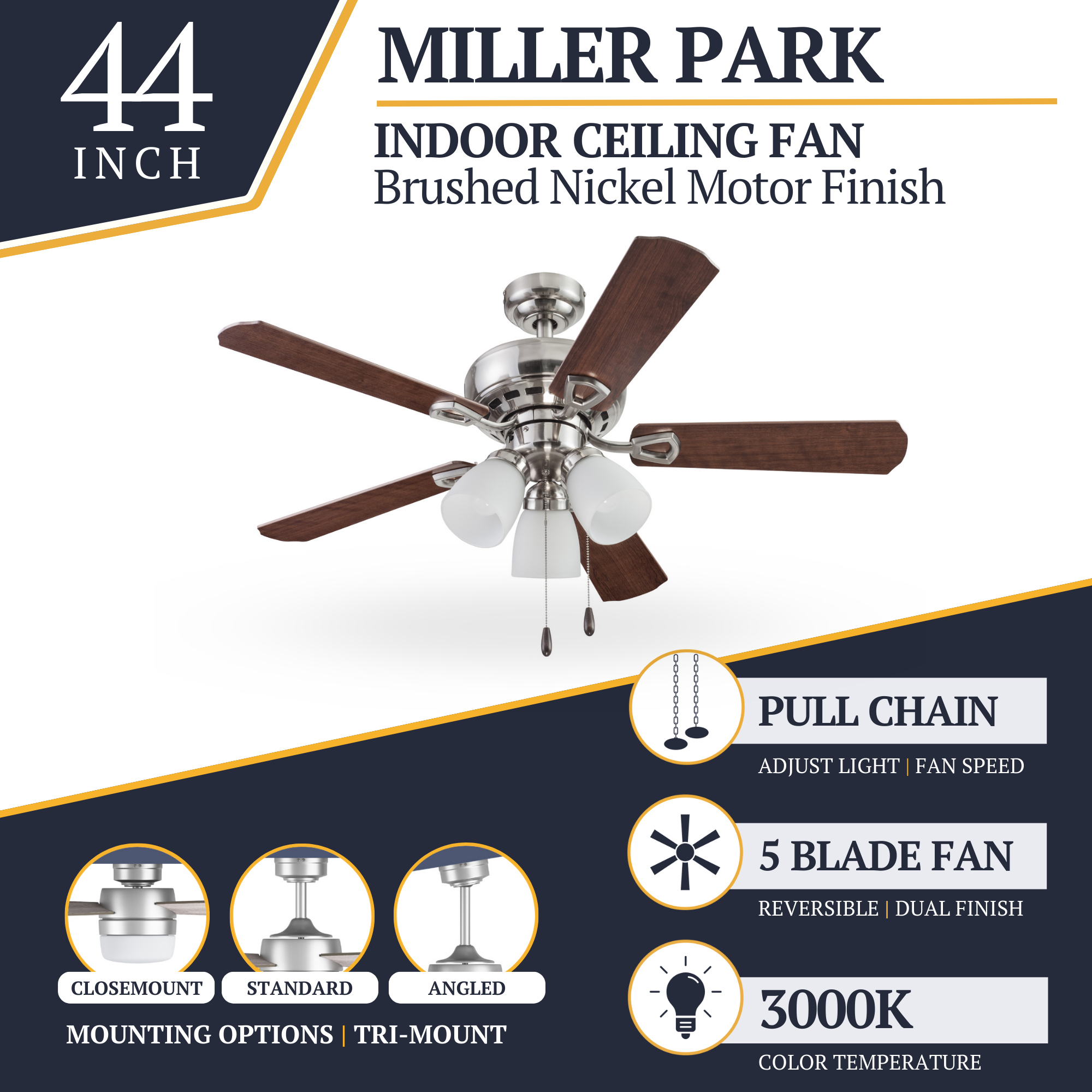 44 Inch Miller Park Brushed Nickel Ceiling Fan with Pull Chain - Perfect for Living Room, Bedroom, and Outdoor Patio Cooling