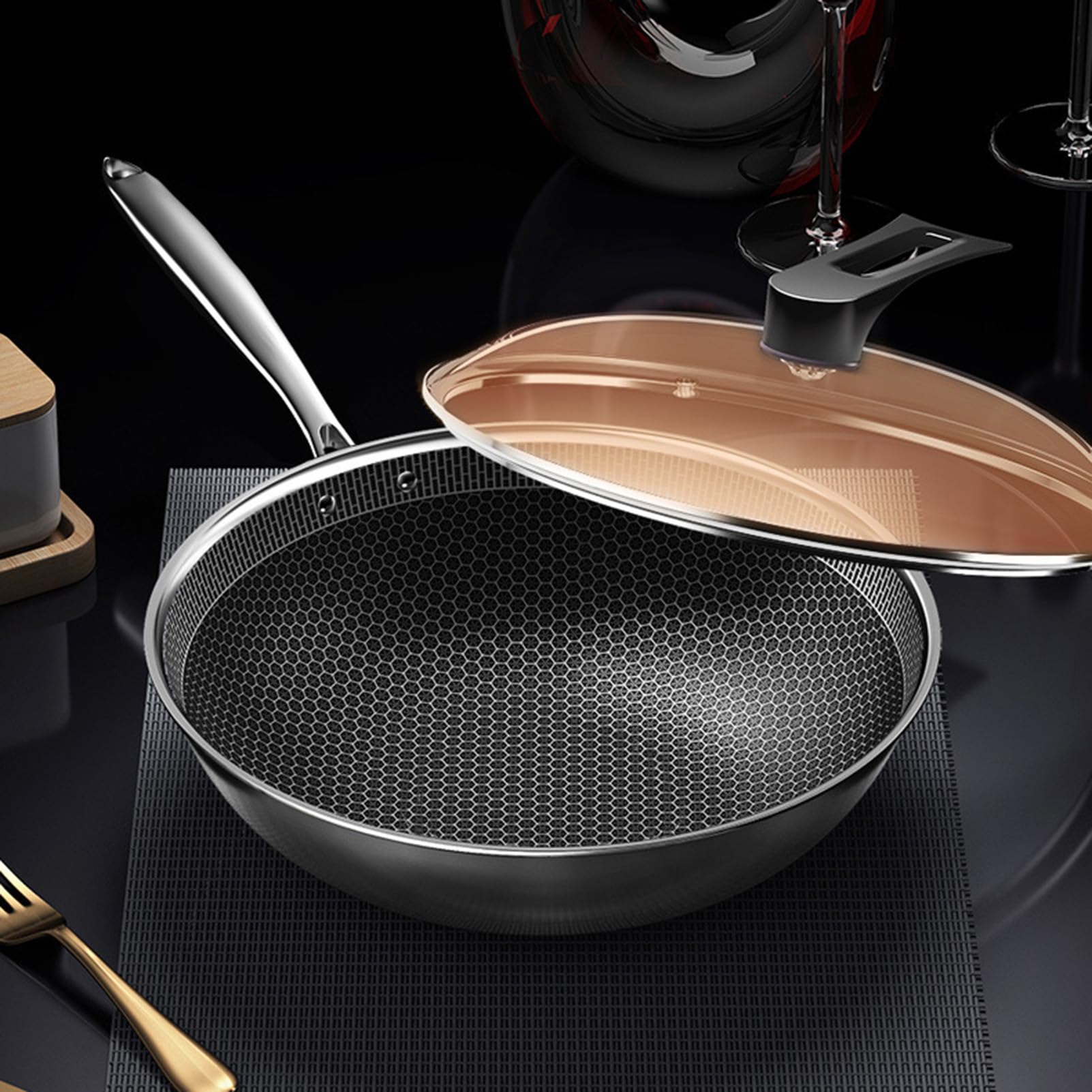 Premium Carbon Steel Wok Pan with Glass Lid - 14