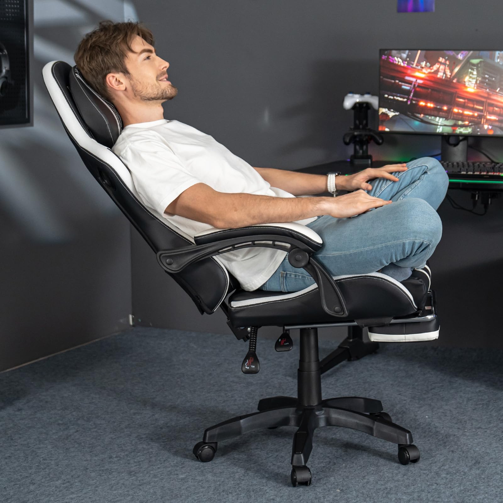 HOFFREE Ergonomic Gaming Chair with Built-in Bluetooth Speakers & Massage Function - Big and Tall Computer Chair with Adjustable Footrest, 400lbs Weight Capacity - White & Black - Perfect for PC Gaming, Home Office & Streaming Setup