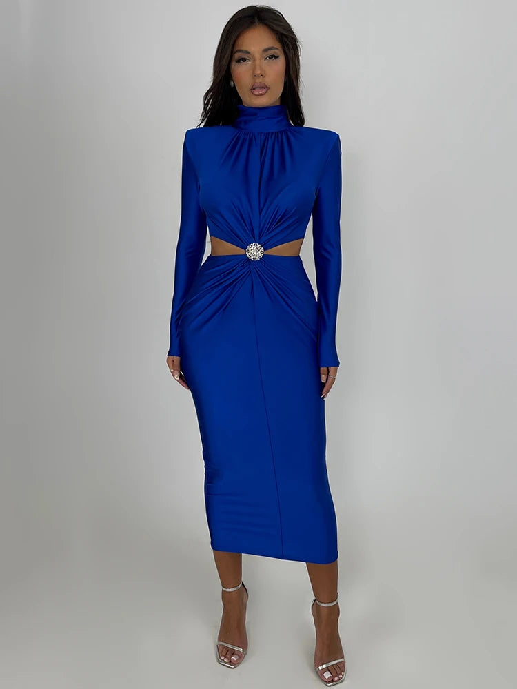 Elegant Hollow Out Sexy Maxi Dress for Women - Autumn Winter Turtleneck Long Sleeve Bodycon Dress for Club, Party & Evening Events | Perfect for Date Nights, Holiday Gatherings & Special Occasions