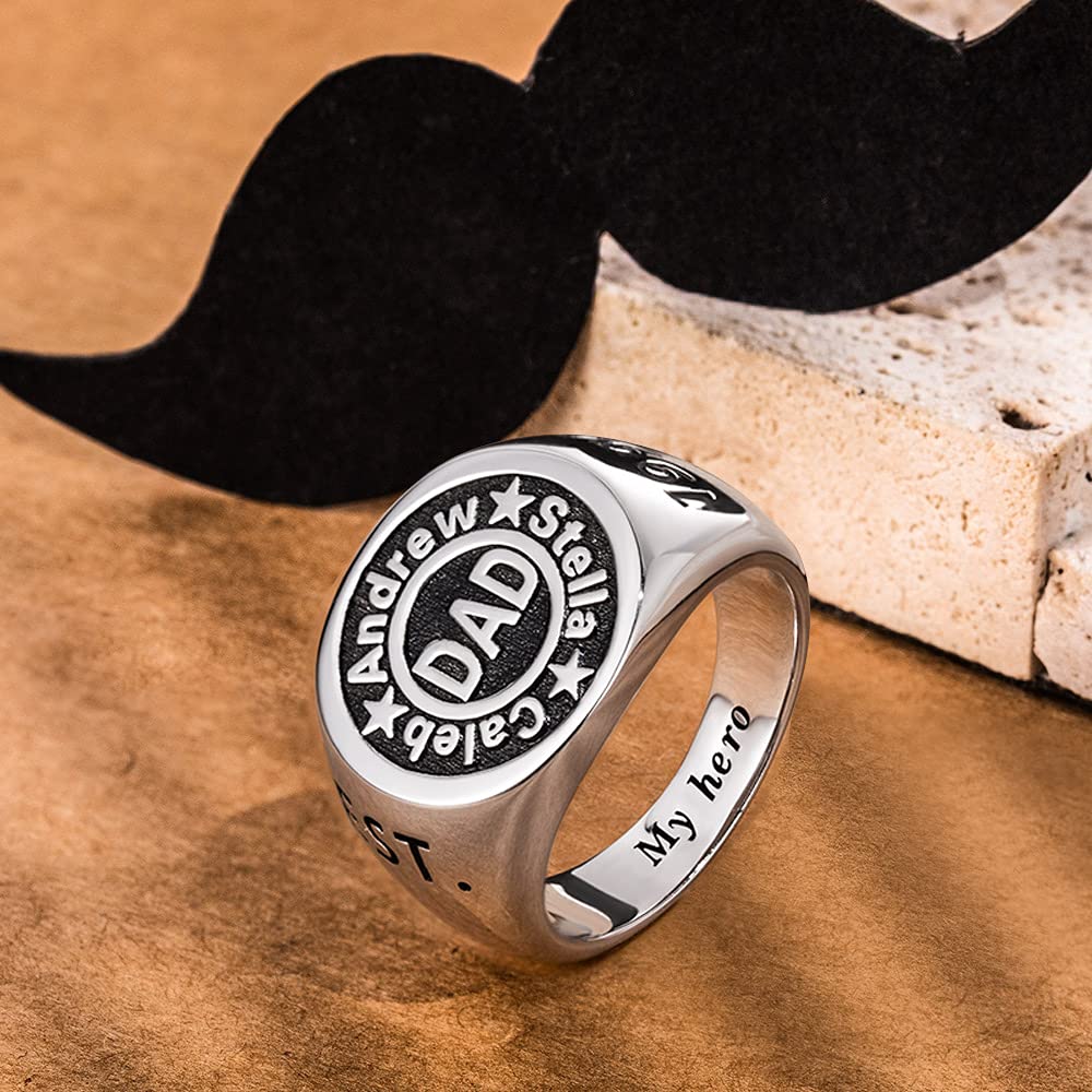 Custom 925 Sterling Silver/Brass Personalized Round & Square Dad Rings - Engraved Year Name Signet Rings for Men - Perfect Father's Day, Birthday Gifts for Dad & Grandpa - Ideal for Weddings, Anniversaries & Special Occasions