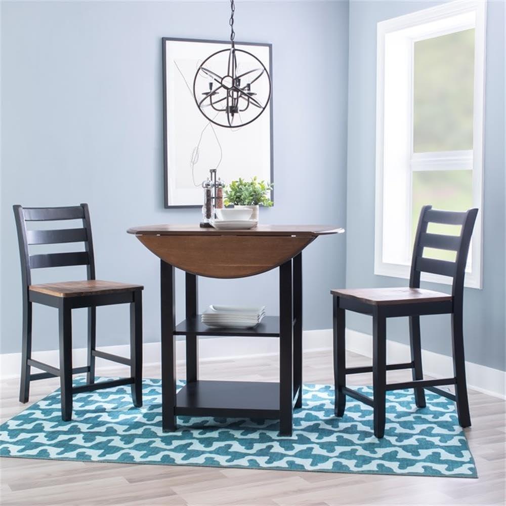Powell Furniture Linon Cain Wood 3-Piece Dining Counter Set in Black - Perfect for Small Spaces, Breakfast Nooks & Modern Kitchens