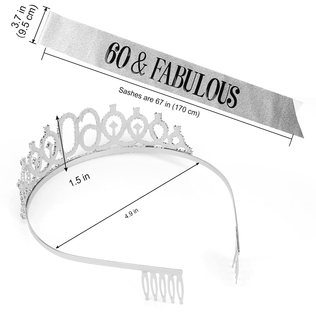 60th Birthday Sash & Tiara Set - Elegant Silver Birthday Crown for Women - Perfect 60th Birthday Gift & Party Decorations - Great for Milestone Celebrations, Birthday Parties & Photo Shoots