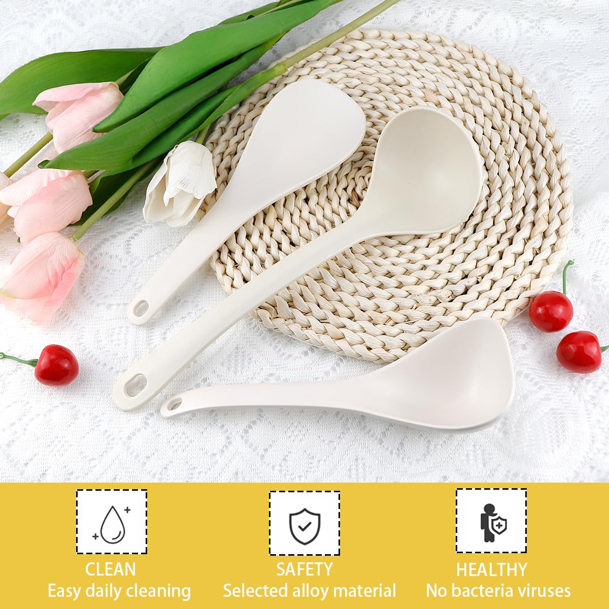 DOERDO 3-Piece Non-Stick Rice Paddle Set - Rice Scooper, Soup Spoon & Cooking Spatula for Rice, Soup, Potatoes - Perfect for Serving, Stirring & Scooping - Ideal for Kitchens, Restaurants & Meal Prep (White)