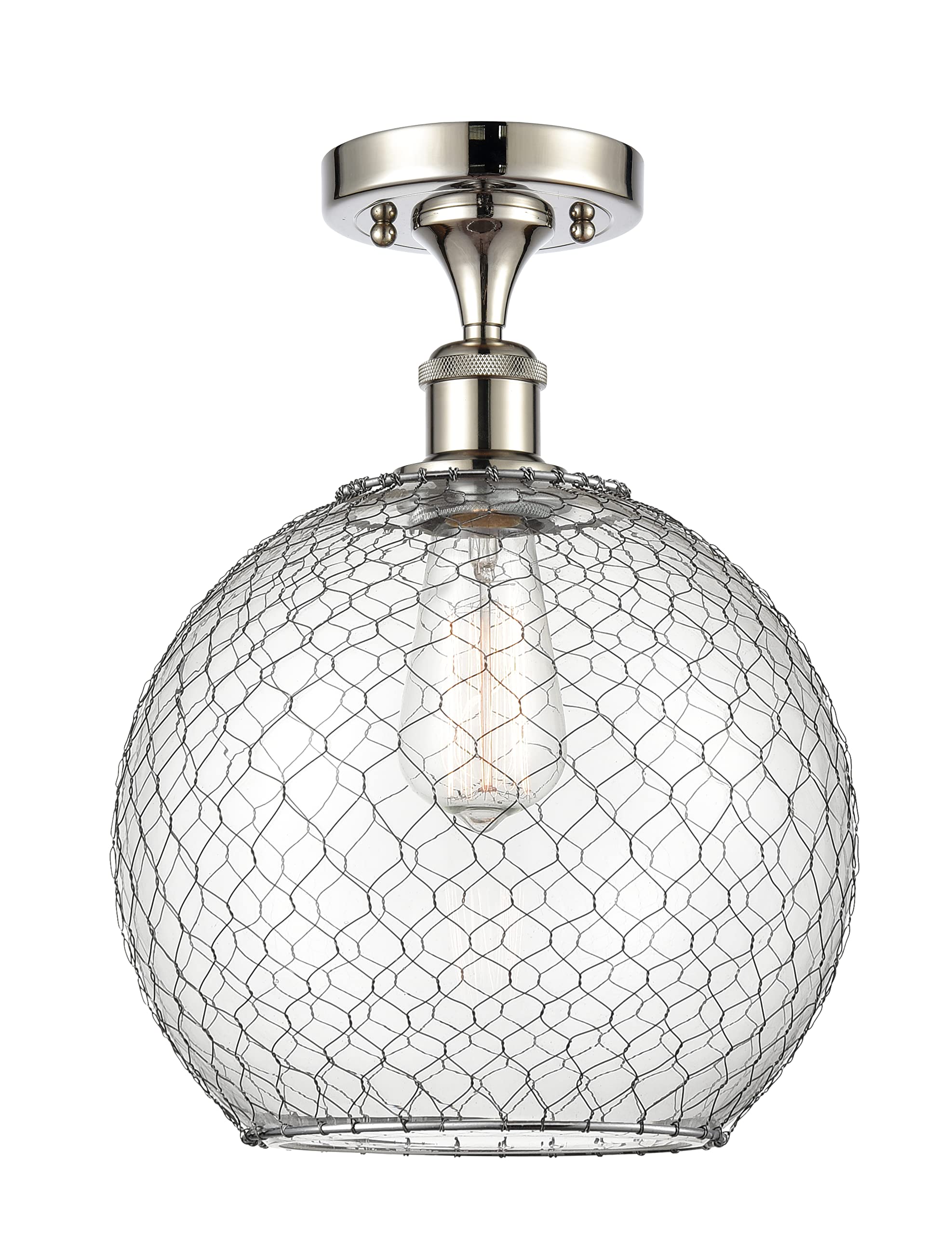Large Farmhouse Chicken Wire 1-Light Semi-Flush Mount Ceiling Light - Ballston Collection in Polished Nickel - Rustic Kitchen, Dining Room or Entryway Lighting