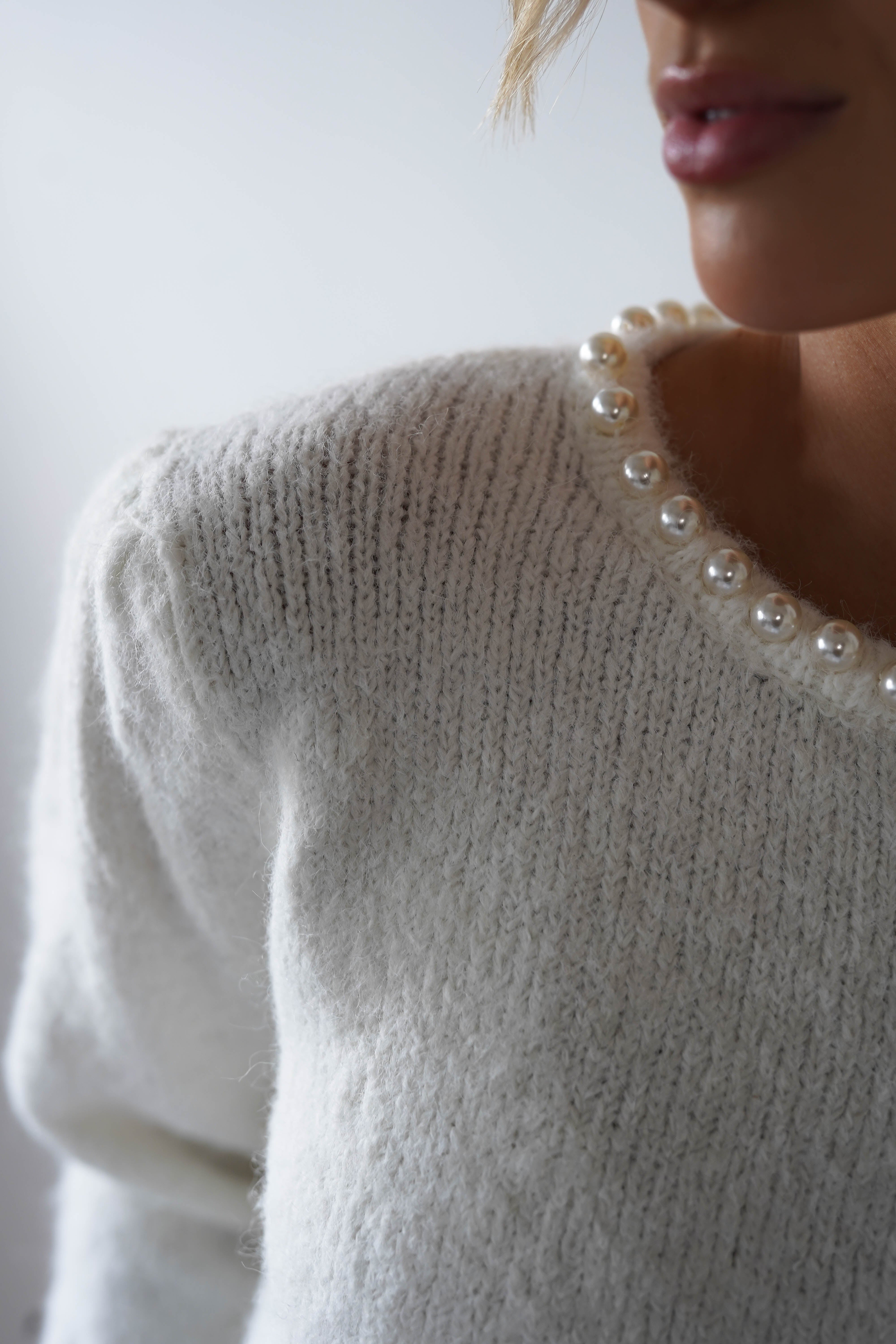 Caliste Pearl Detail Cozy Jumper Sweater for Women - Soft White Knit Pullover with Pearl Accents | Perfect for Casual Outfits, Date Nights & Winter Layering