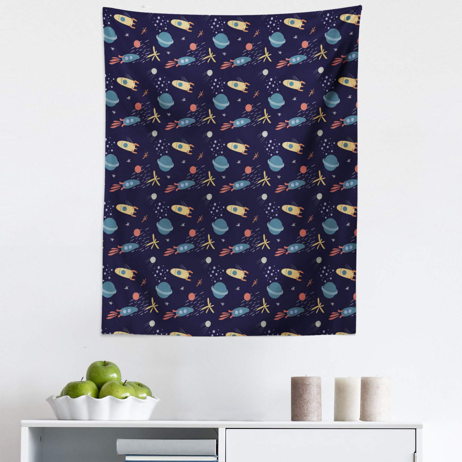 Ambesonne Alien Tapestry - Space Themed Wall Art with Stars, Rockets & Planets in Soft Colors | 23