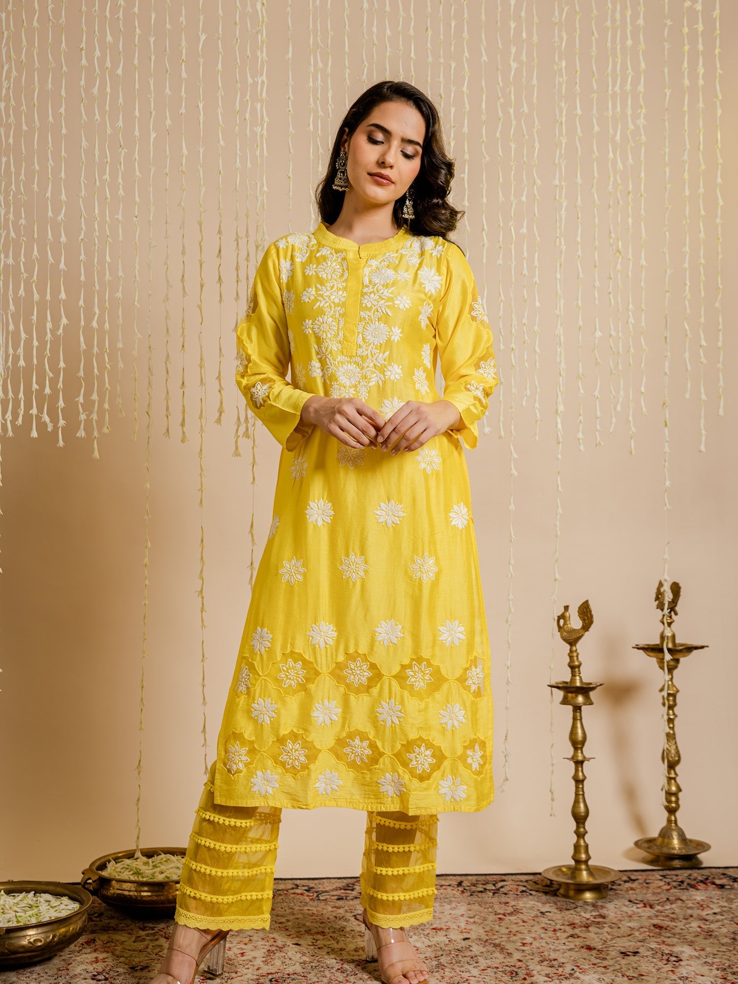 Elegant Fizaa Yellow Chikankari Chanderi Silk Kurta Set by Aanchal Hans - Perfect for Festivals, Weddings & Special Occasions