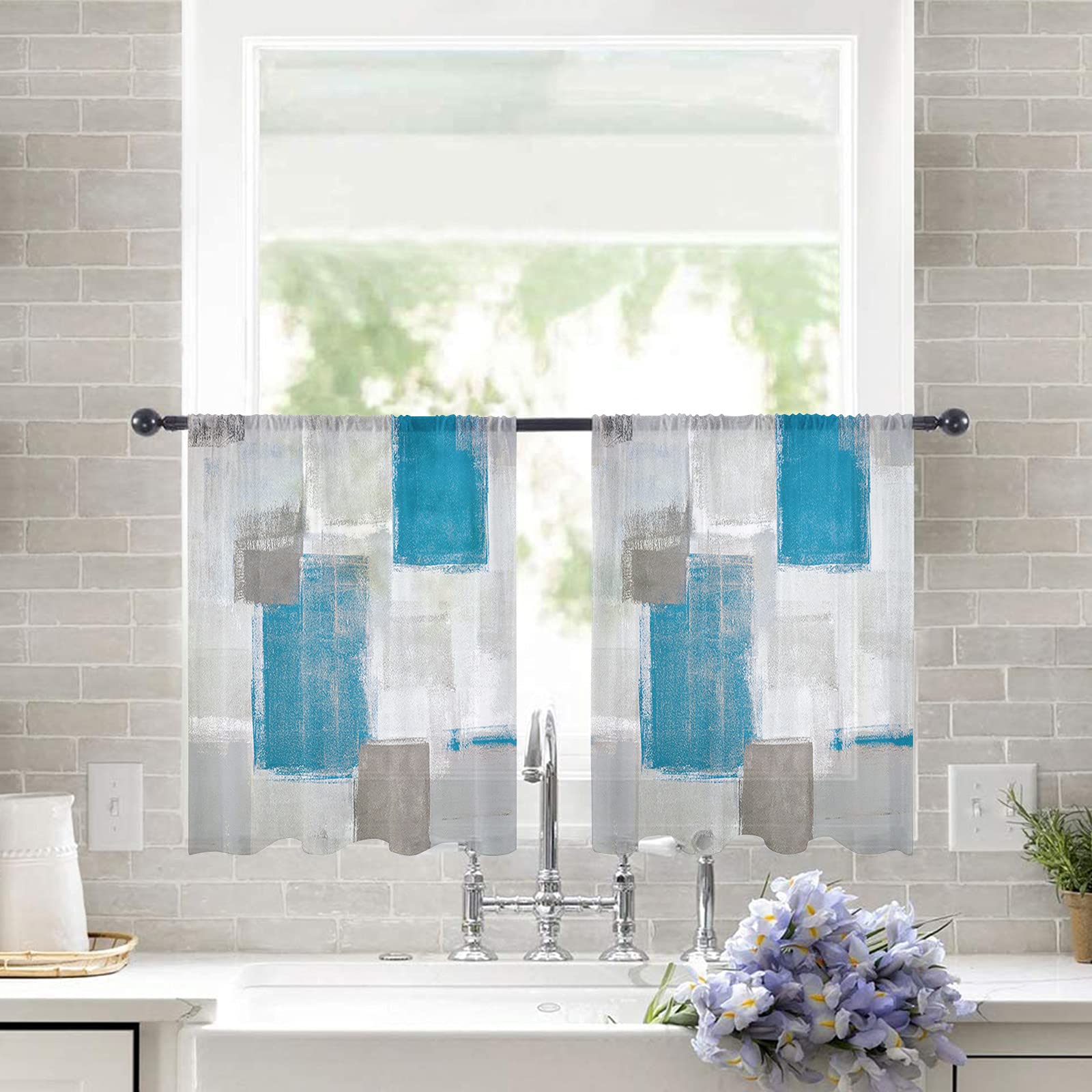 Blue and Grey Abstract Semi-Sheer Curtains 54 Inch Length - Rod Pocket Drapes for Bedroom & Living Room | Graffiti Art Window Treatments for Kitchen & Small Windows (Set of 2 Panels) - Perfect for Modern Home Decor, Privacy & Light Filtering