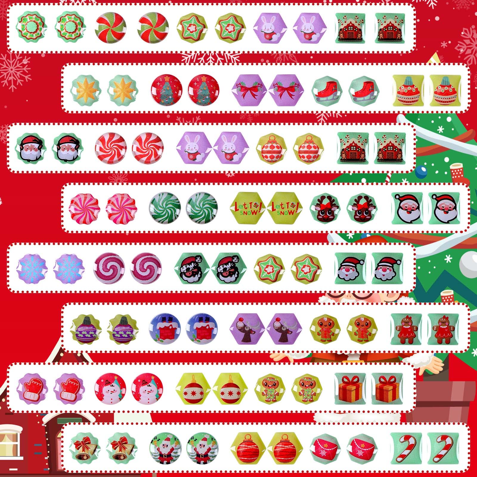 240Pcs AUGSUN Christmas Stickers Earrings for Girls - 3D Glitter Gems Self-Adhesive Sticky Earrings | Holiday Party, Gift Exchange & Festive Accessories