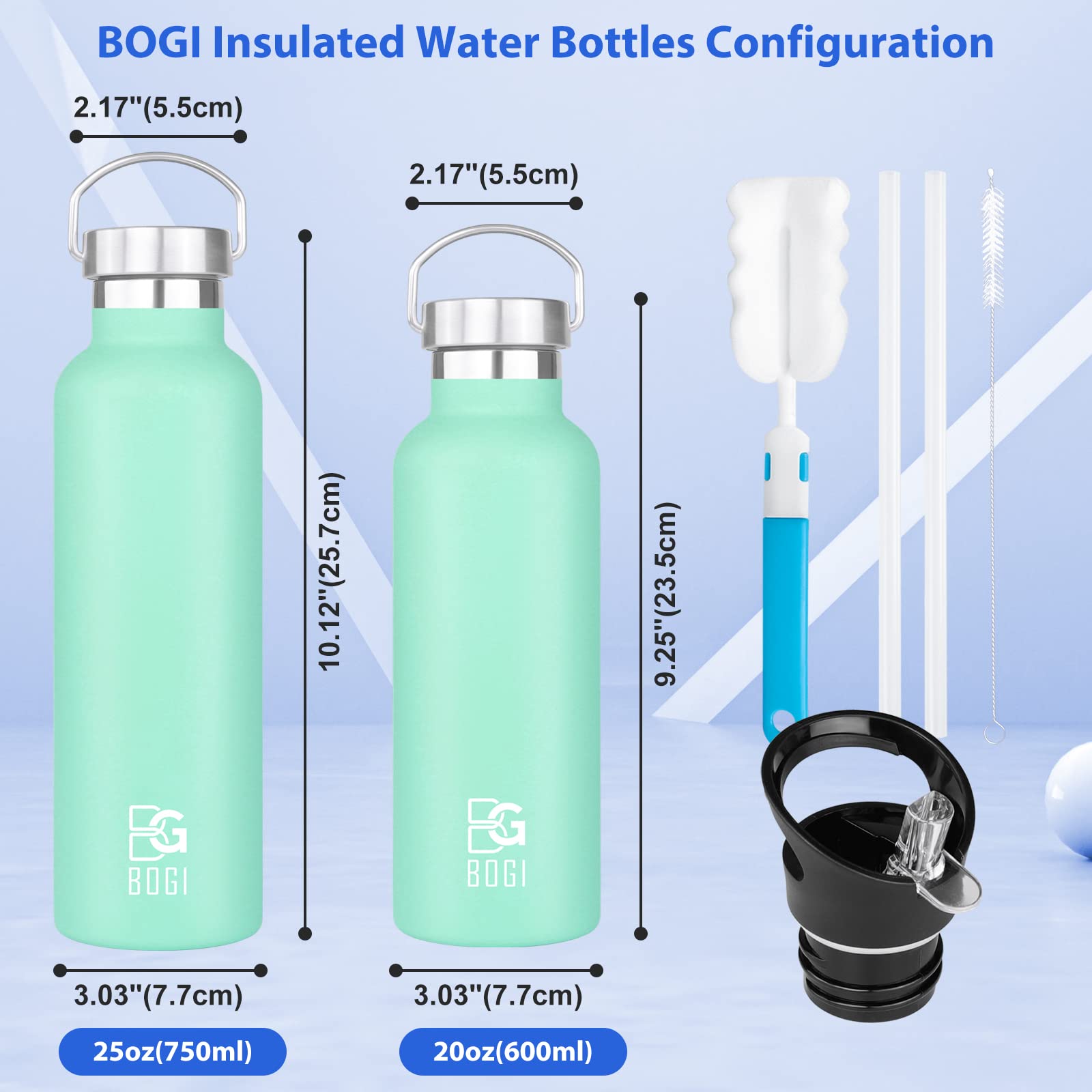 BOGI 20oz Insulated Stainless Steel Water Bottle 2 Pack - Leakproof Wide Mouth Metal Bottle with Straw & Handle, BPA Free - Perfect for School, Gym, Hiking, Camping & Outdoor Activities