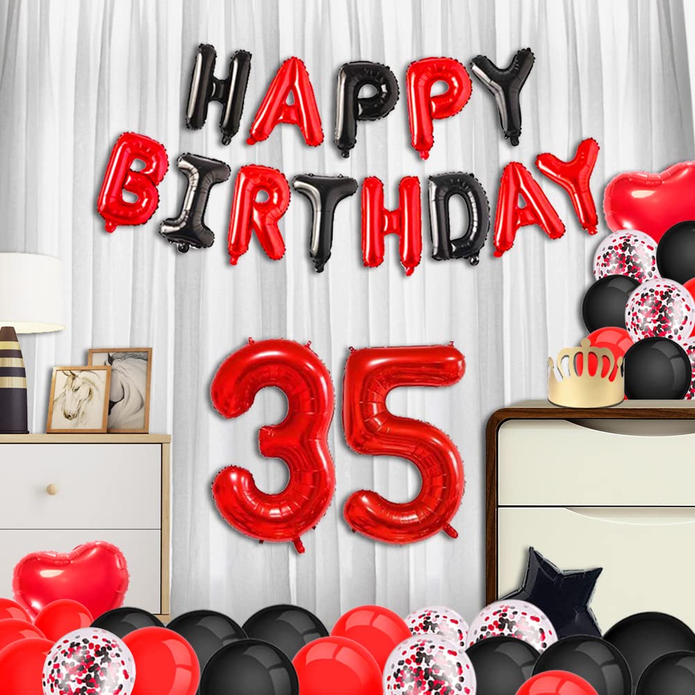 Minhero 35th Birthday Party Decorations - Red & Black Happy Birthday Banner, Number 35 Balloons, Birthday Sash with Latex & Confetti Balloons for Women's Milestone Celebration (35 or 53 Years Old) - Perfect for Adult Birthday Parties, Anniversary Decor & Special Occasions