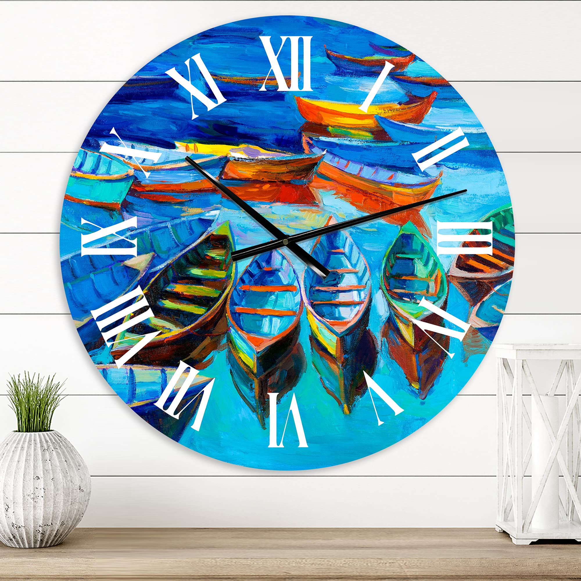 DesignQ Nautical Coastal Wall Clock - 'Little Boats Waiting in The Harbor' Blue Round Clock for Home, Office & Beach House Decor | Perfect for Living Room, Bedroom or Coastal-Themed Spaces