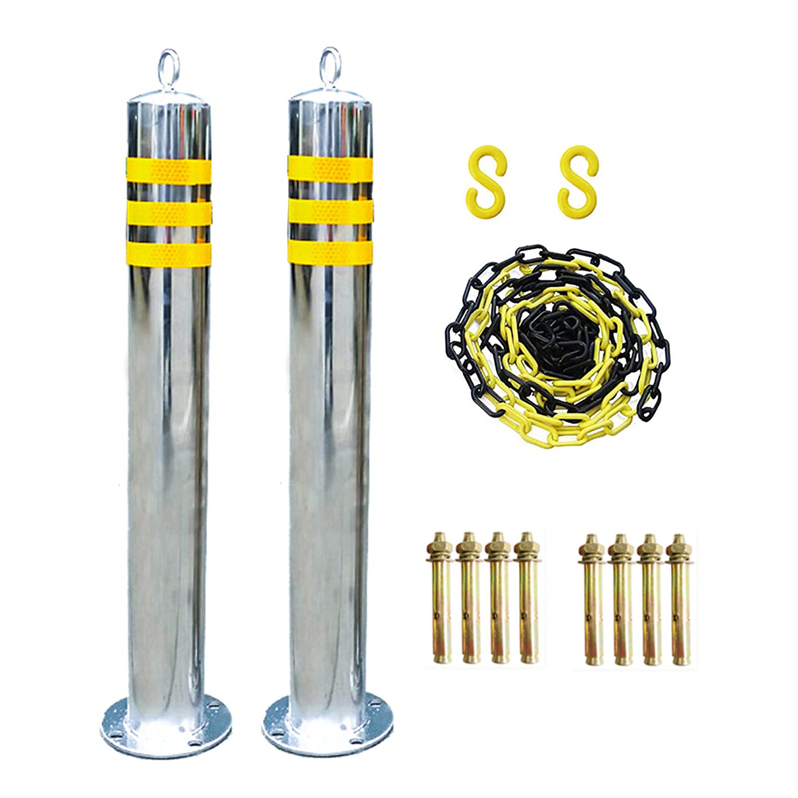2 Pack Garage Parking Poles with Plastic Chain - Stainless Steel Security Parking Sign Post (25.5×3in) for Driveway, Warehouse & Parking Lot Safety