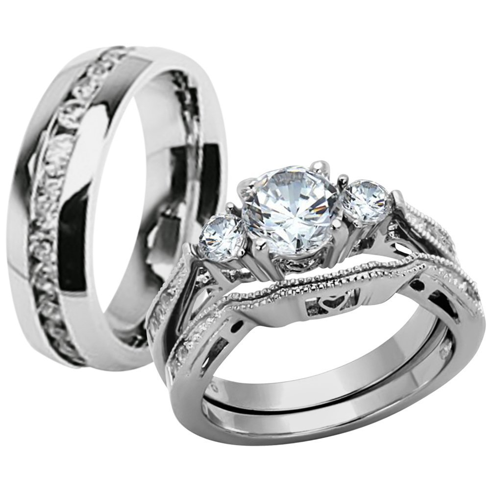 Marimor Jewelry Hers & His Stainless Steel 3-Piece Cubic Zirconia Wedding Ring Set with Eternity Band - Perfect for Couples, Anniversaries & Romantic Occasions