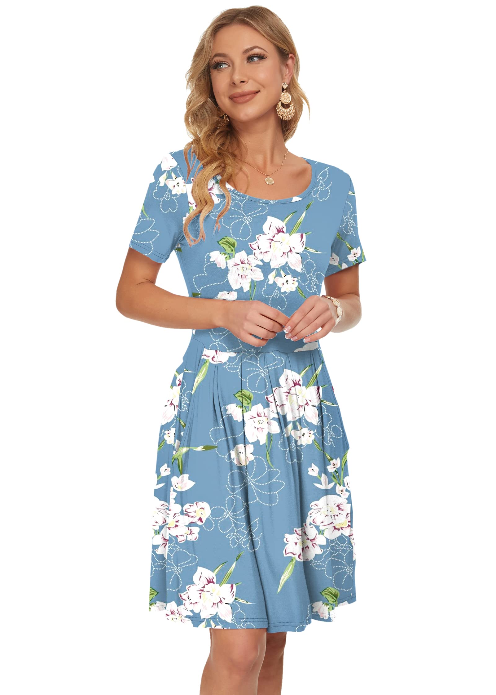 AUSELILY Women's Summer Short Sleeve Pleated Swing Dress - Loose Fit Knee-Length Dress with Pockets | Casual Wear, Beach Cover Up, Vacation Outfit 2025 New