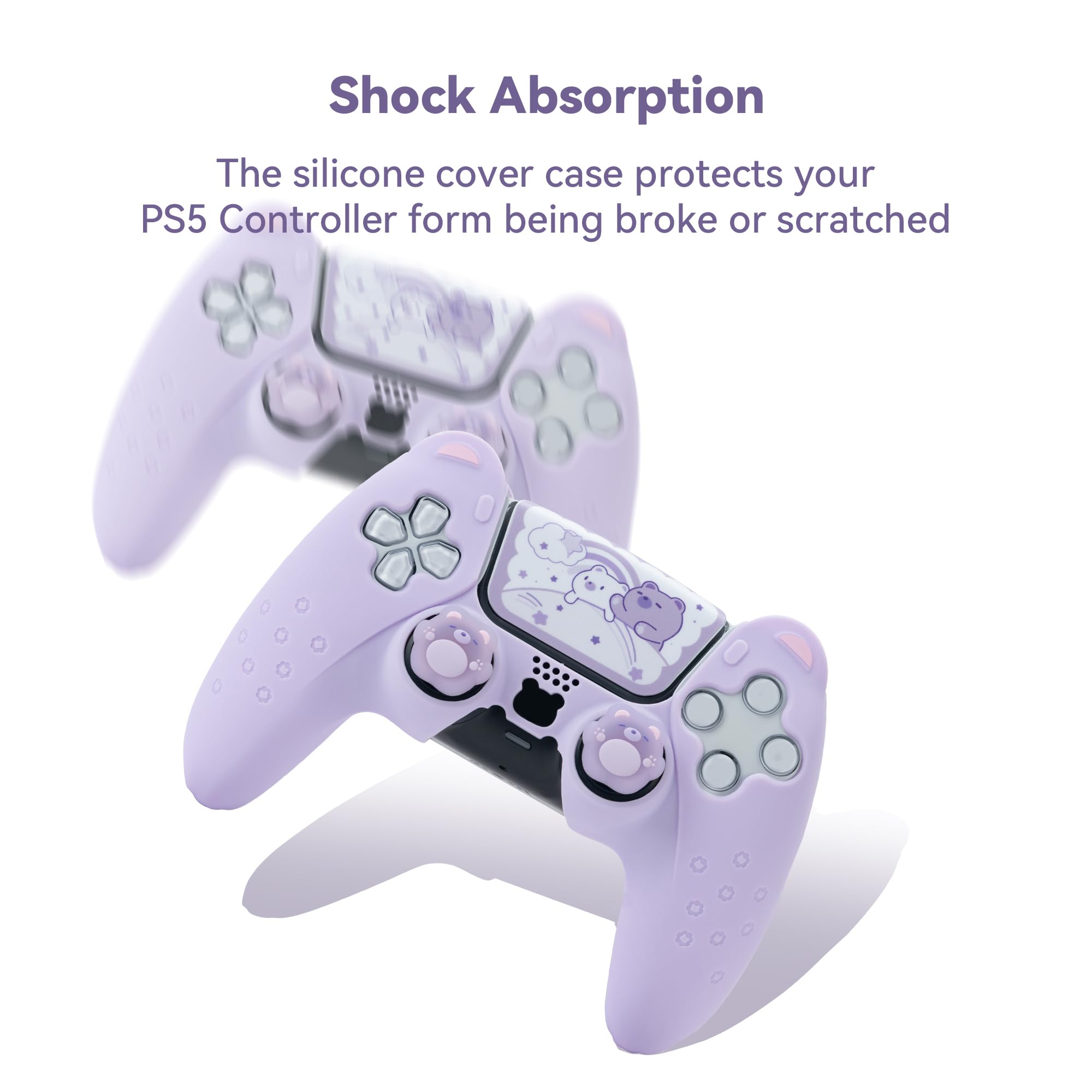 GeekShare Cute Bear PS5 Controller Skin Set - Includes 2 Grip Pads, 1 Anti-Slip Silicone Protector & Sticker for Wireless PS5 Controller (Purple) - Perfect for Gaming, Protection & Personalization