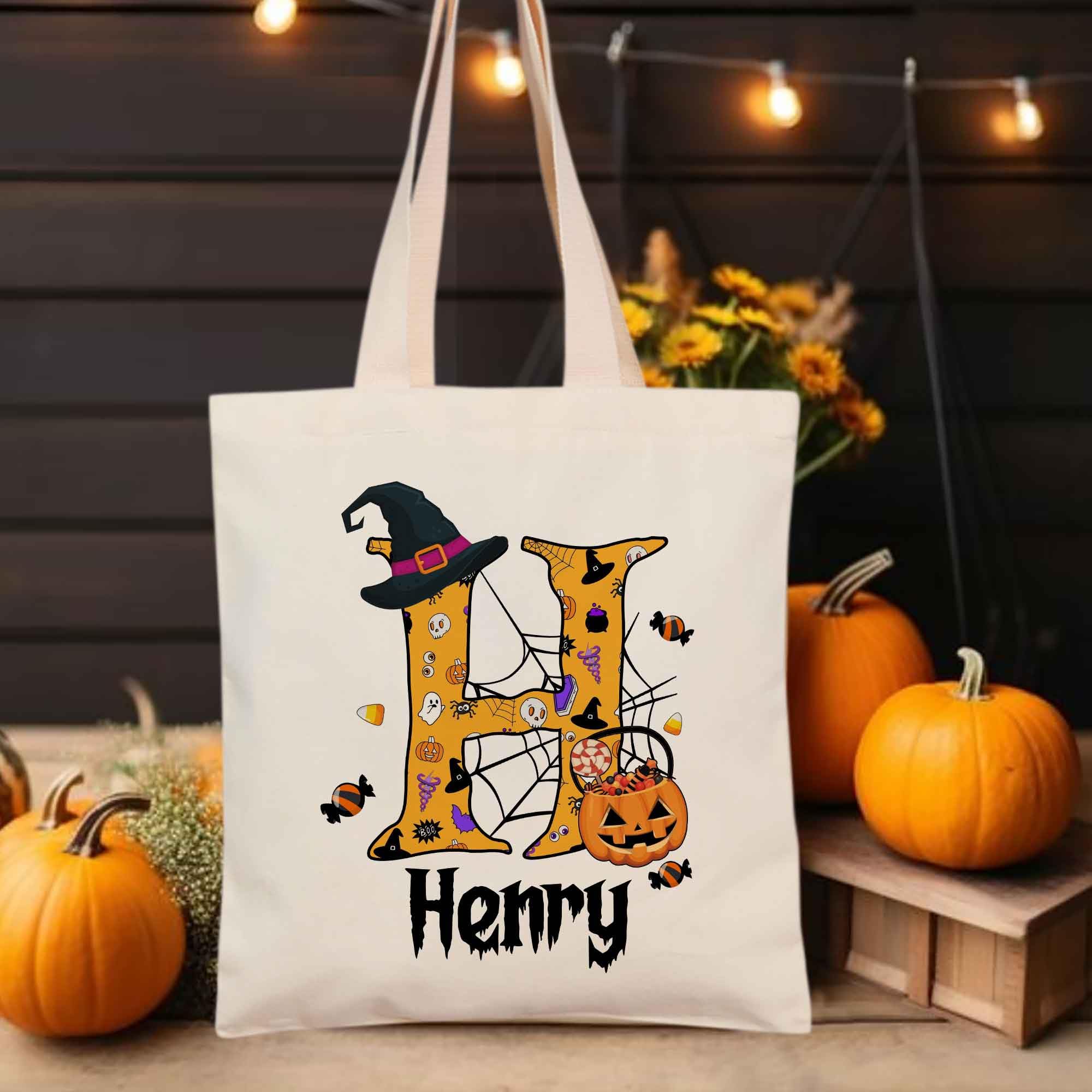 Personalized Halloween Trick or Treat Bags with Names - 5 Custom Font Designs, 15x16 Inch Reusable Tote Bags for Women & Kids, Witch-Themed Halloween Party Favors, Trick-or-Treating & Costume Accessories (Design 1)